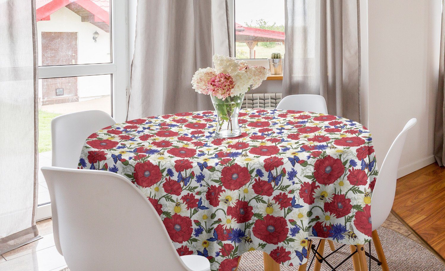 Kreis für Dekoration, Blumen Abakuhaus Rote Esszimmer Blooming Küche Tischdecke Tischdecke Abdeckung Mohnblumen