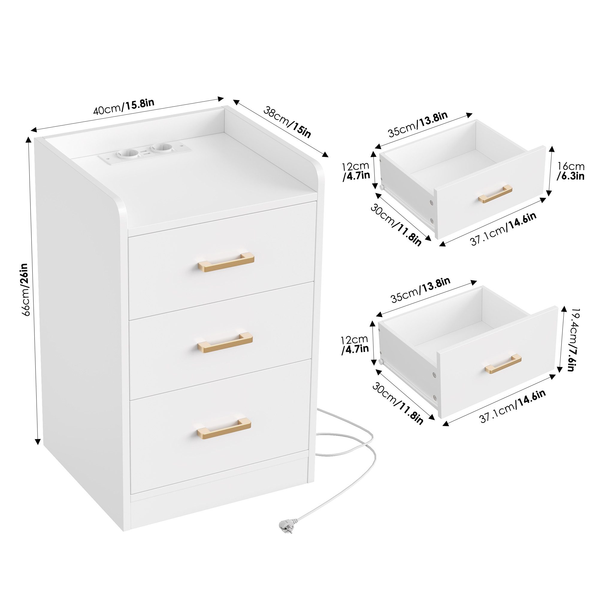 Homfa Nachttisch Nachtschrank mit Ladefunktion (2-St), 3 Schubladen, 2 AC-Steckdosen, 2 USB-Anschlüsse, 40x38x66cm – Bild 4 von 5
