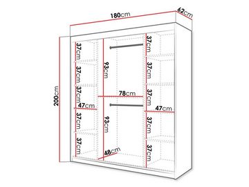 MIRJAN24 Kleiderschrank Dome 180 (mit zwei Schiebetüren) Fronten mit Rauchglas, zwei Kleiderstangen