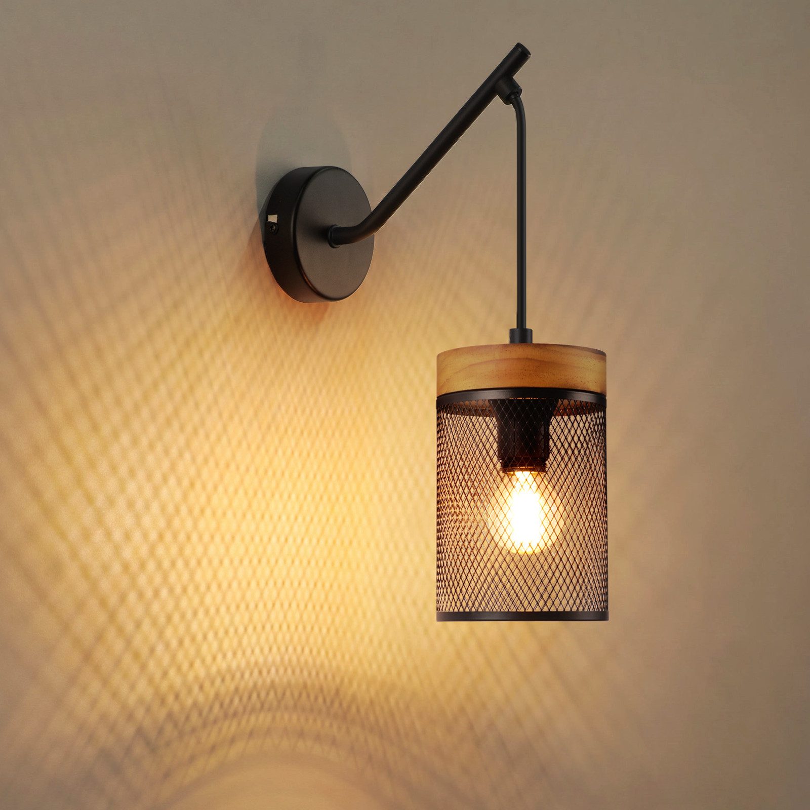 Nettlife Wandleuchte Vintage Schwarz Industrial Metall Holz E14 Gitterschirm Wandlampe, ohne Leuchtmittel, für Wohnzimmer Schlafzimmer Flur Treppenhaus Cafe Bar