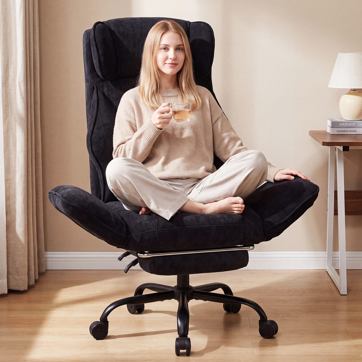 oyajia Chefsessel Ergonomischer Bürostuhl Schreibtischstuhl Gaming Stuhl 200kg Belastbar (Breiter Sitz, 6cm höhenverstellbare Kopfstütze, 90-135° neigbar), CHENILLE-STOFF, mit klappbarer Armlehnen,Fußstütze, dickes Sitzpolster