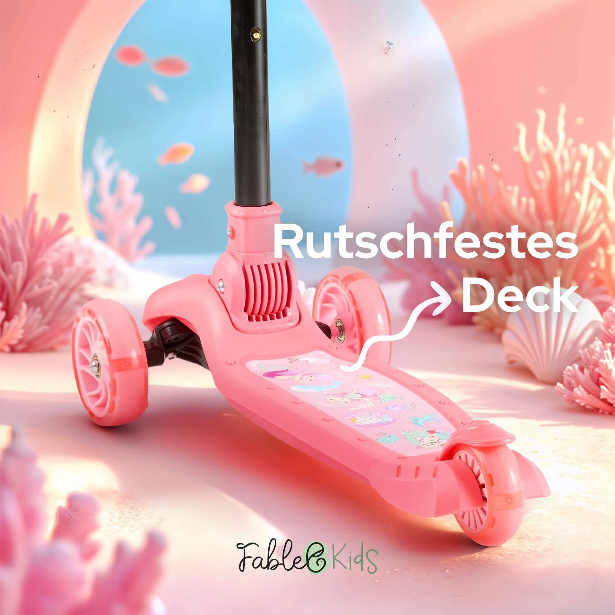 FableKids Tretroller Cityroller Kickroller, LED-Räder, Tritt-Bremse, bis 50 kg belastbar,  faltbar  höhenverstellbar Rücktrittbremse