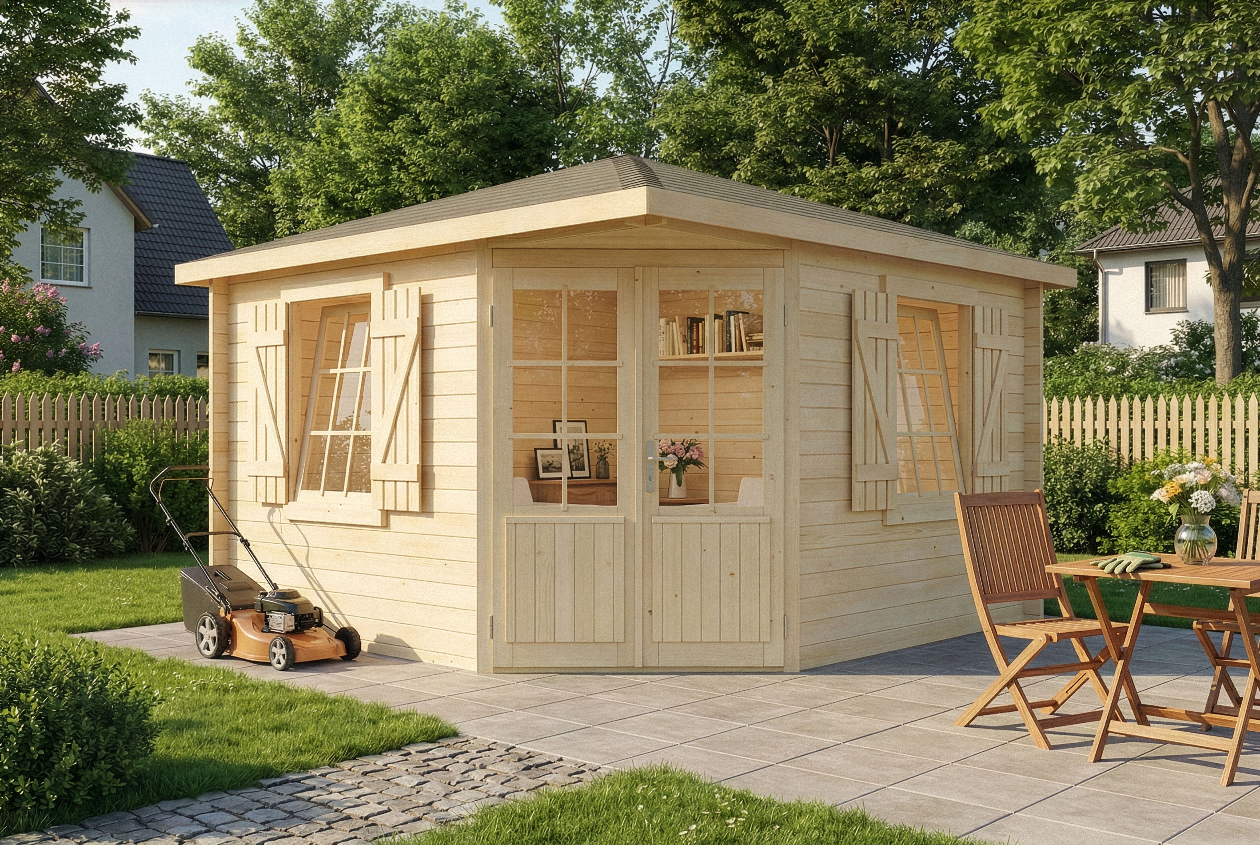 Alpholz Gartenhaus Holz 5-Eck Monica Royal, BxT: 368x368 cm, in Naturbelassen mit 28mm Wandstärke