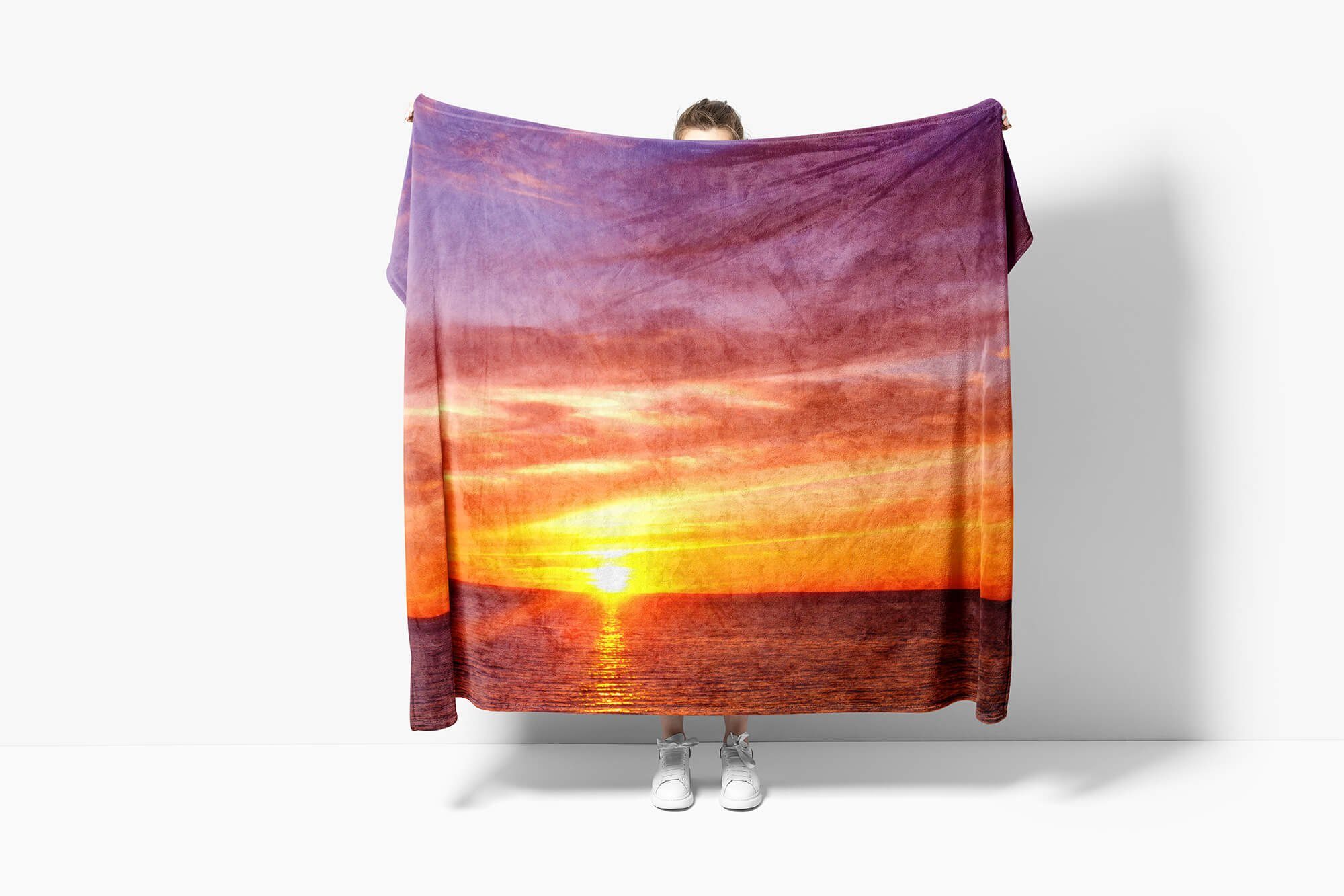 Horizont mit (1-St), Baumwolle-Polyester-Mix Saunatuch Handtuch Handtuch Sinus Art Handtücher Sonn, Meer Fotomotiv Kuscheldecke Strandhandtuch