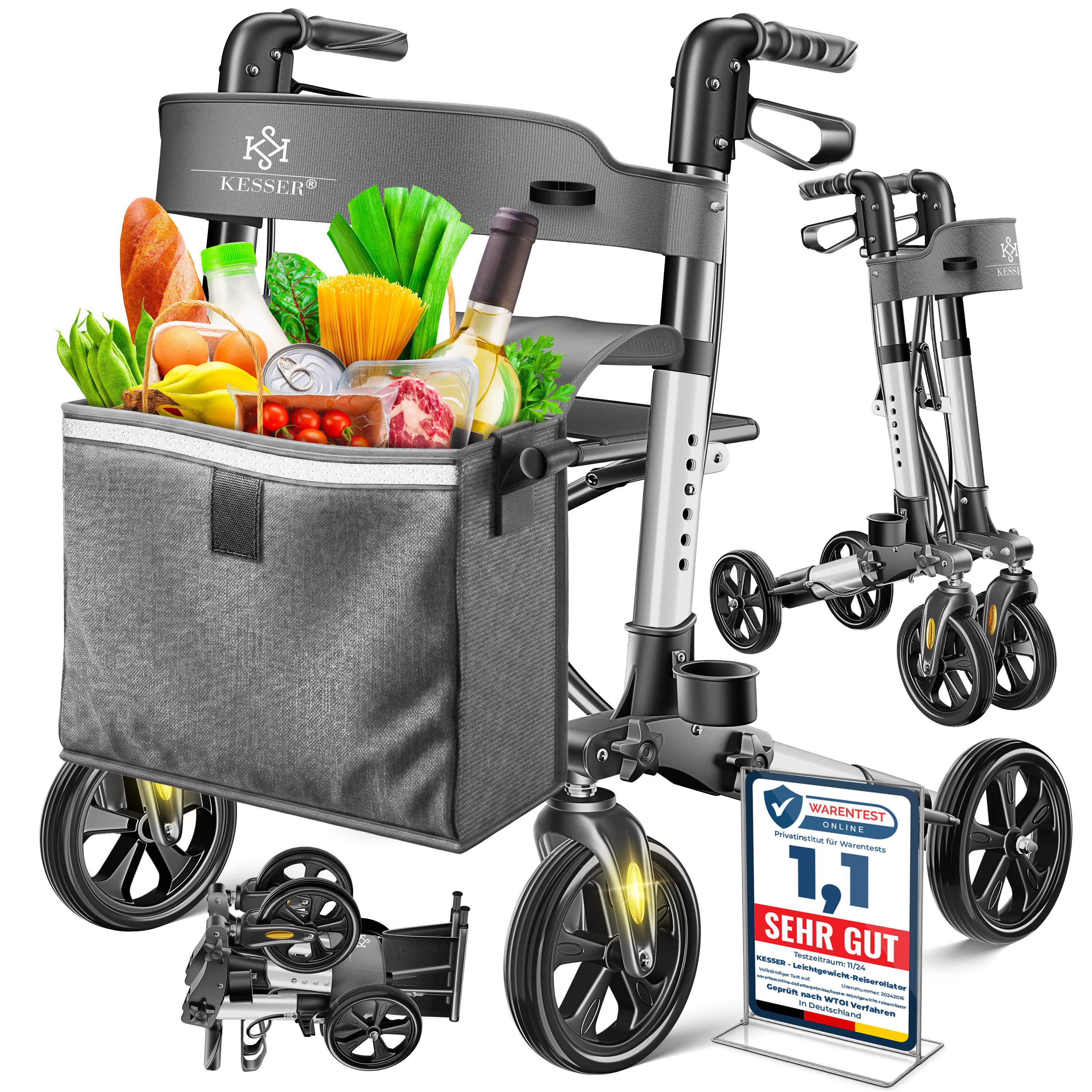KESSER Rollator Aluminium – faltbar, höhenverstellbar & bis 136 kg belastbar, wetterbeständig, Tasche, Stockhalter, Reflektoren, 360° Gelände Reifen