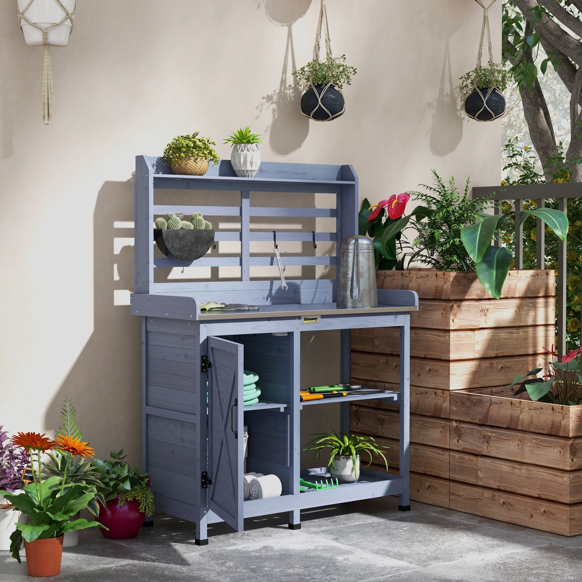 Outsunny Pflanztisch Holztisch mit Schrank, Blumentisch mit Arbeitsplatte 2 Ablagen 4 Haken (Gartentisch, 1-St., Gärtnertisch), für Garten, Grau, 112 x 47 x 146cm