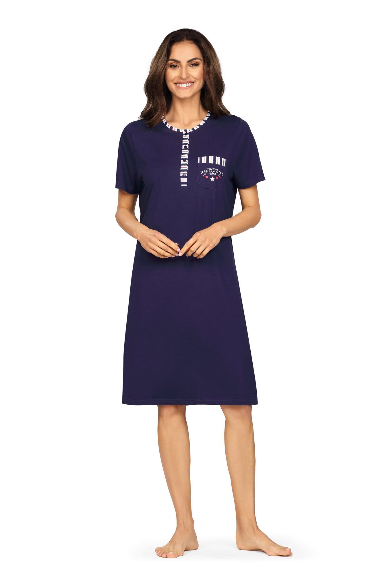 comtessa Nachthemd (Set, 1-tlg., Set) Damen Sleepshirt ca.100cm Nachthemd Kurzarm Baumwolle Maritim-Look