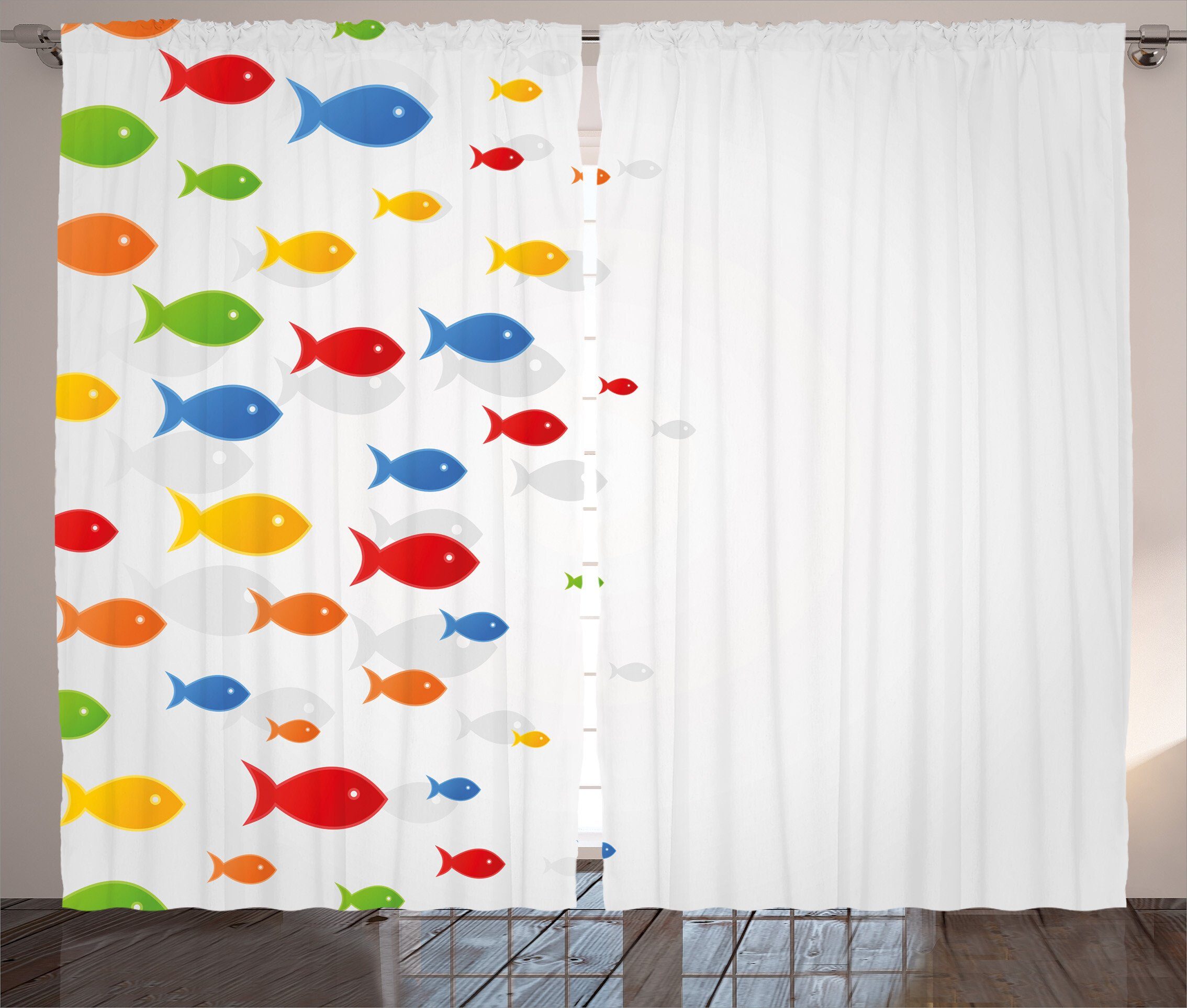 Gardine Schlafzimmer Kräuselband Vorhang mit Schlaufen und Haken, Abakuhaus, Fisch Cartoon Meerestiere