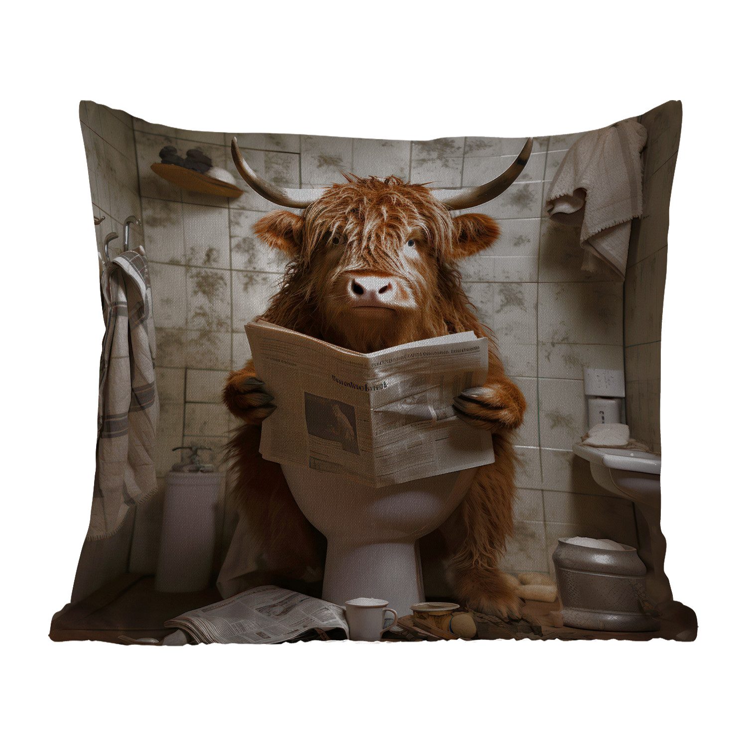 MuchoWow Dekokissen Scotch highlander - Toilette - Zeitung - Badezimmer, Kissenbezüge, Kissenhülle, Kissen, Outdoor, 45x45 cm