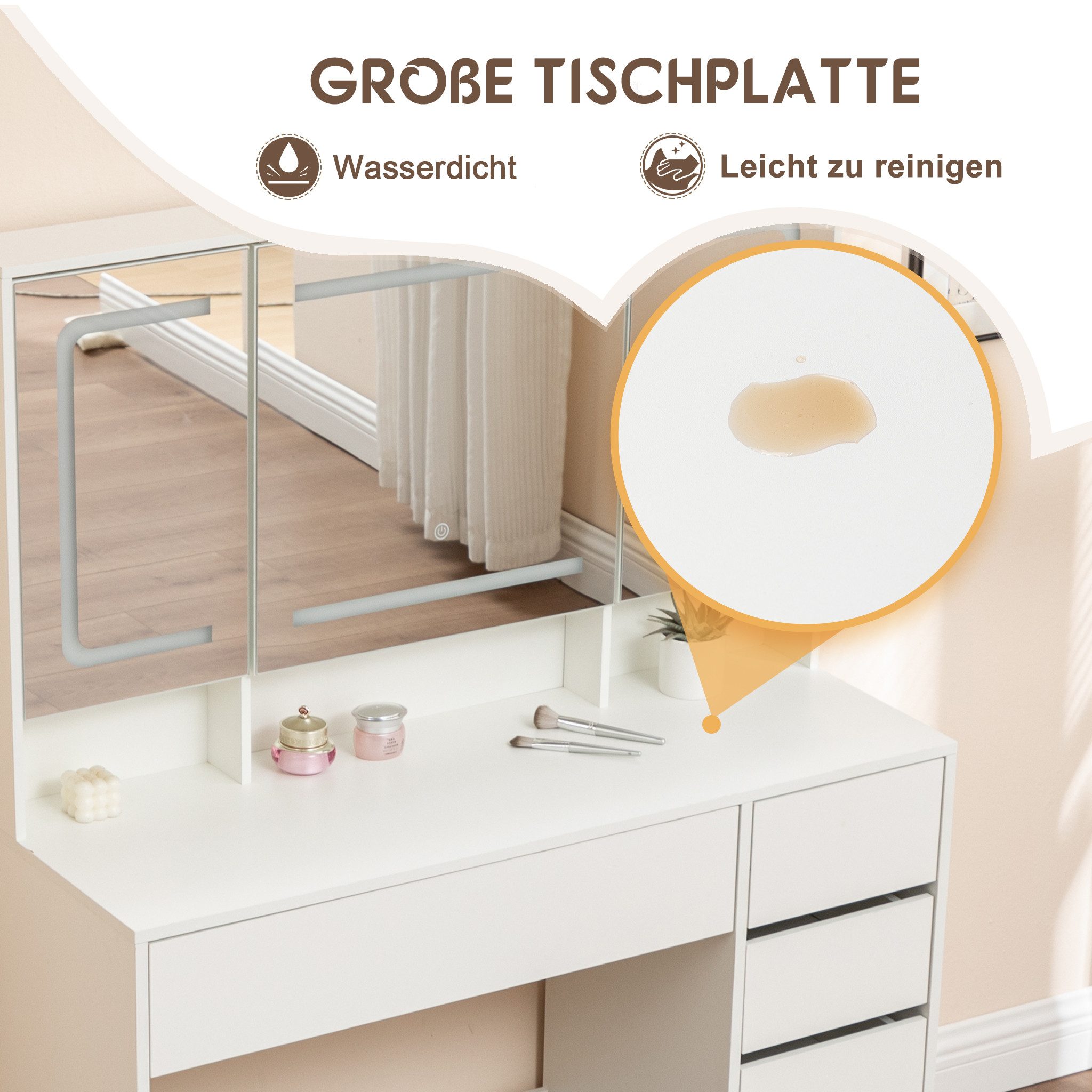 Thanaddo Schminktisch Schminktisch mit LED-Beleuchtung,Praktischer Kosmetiktisch, Breite 105 cm