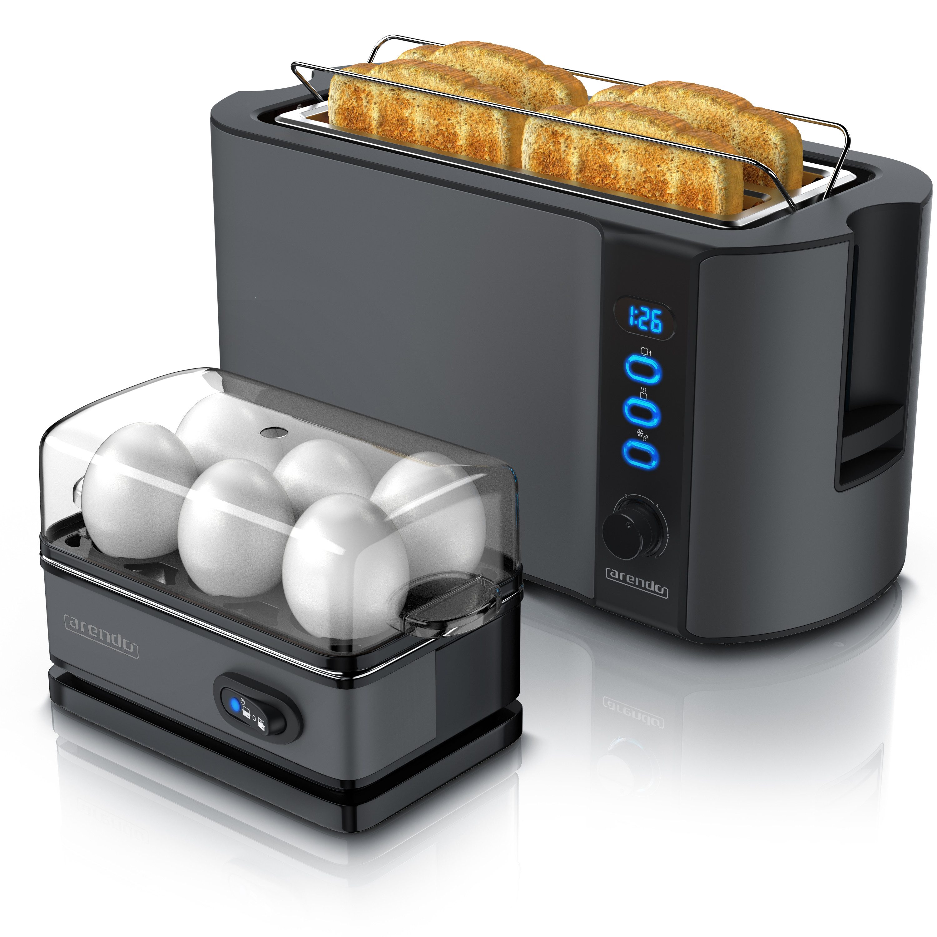 Arendo Frühstücks-Set 4-Scheiben Langschlitz Toaster, 6er Eierkocher, Cool Grey (2-tlg), LED-Display, 6 Bräunungsgrade, Brötchenhalter, 1-6 Eier, Messbecher