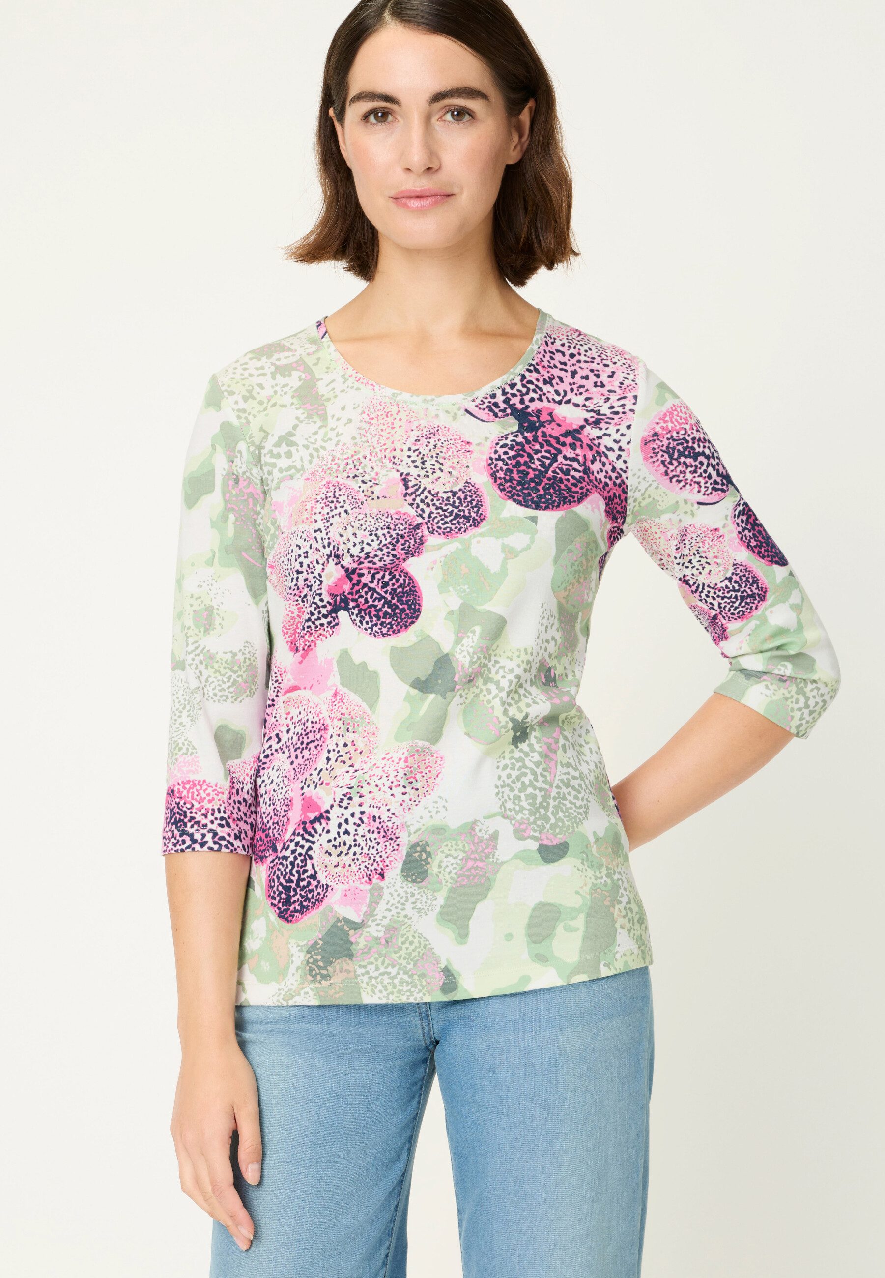 T-Shirt Shirt mit Panneaux-Print und funkelnden Ziersteinen