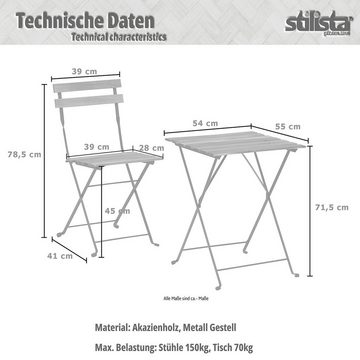 STILISTA Balkonset Bistroset Sitzgruppe Gartenmöbel Terrassenmöbel, (Set, 3er-Set), FSC®-zertifiziertes Akazienholz und Metall, 3-tlg., Klappbar