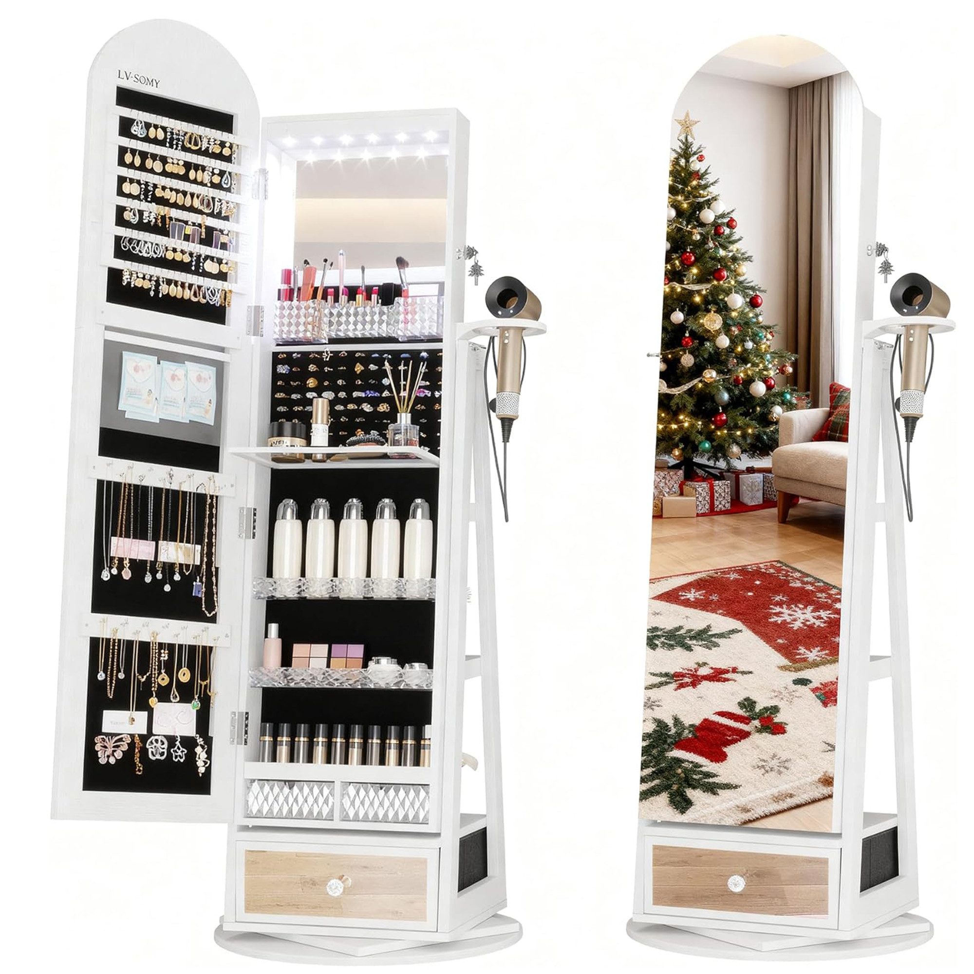 LVSOMT Schmuckschrank 360° Drehbar, LED Bogen Schmuckschrank mit Spiegel, 163x37cm Stehender Holzschrank mit 3-stufigem Regal