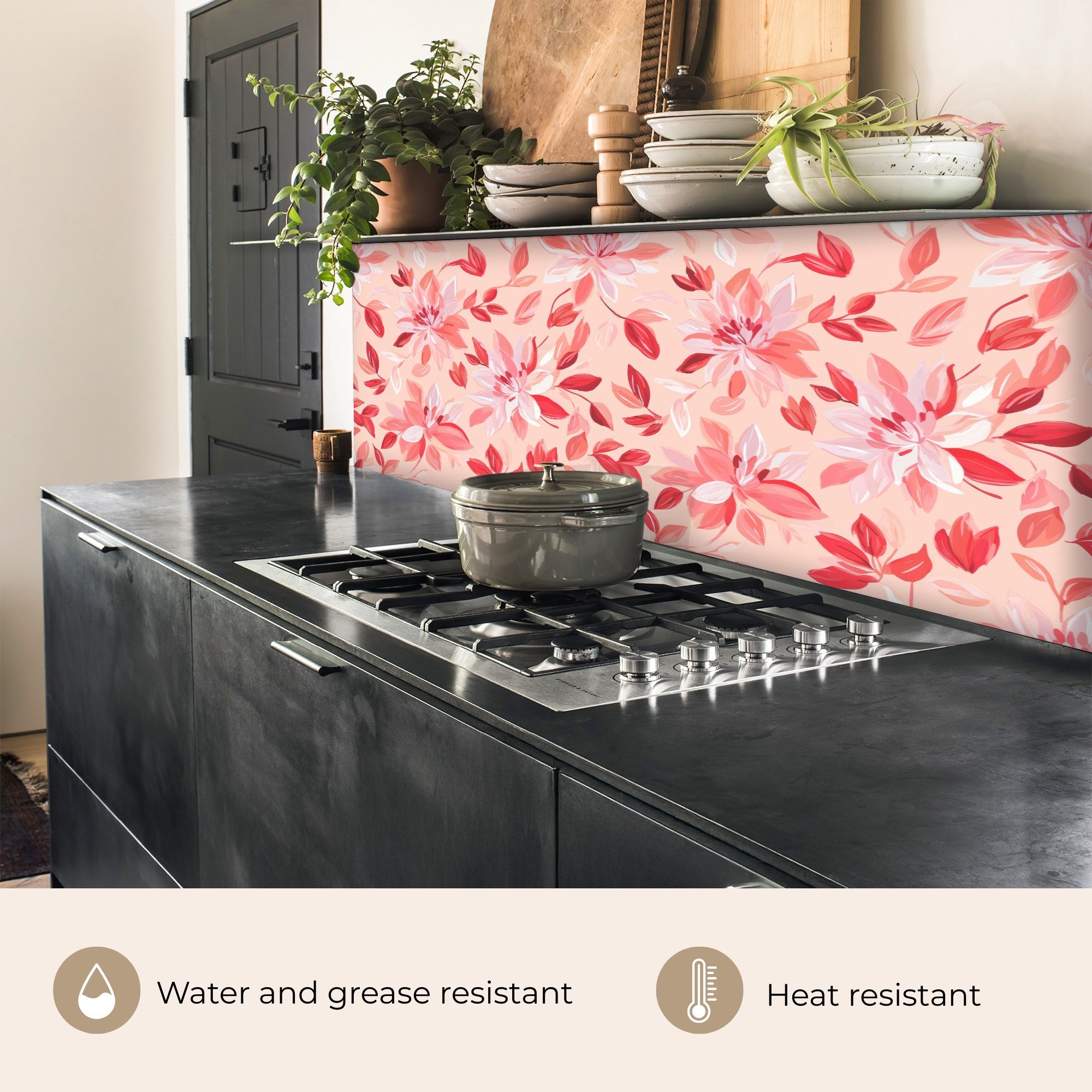 KitchenYeah Küchenrückwand selbstklebend (keine Folie) Botanisch - Blumen - Rot, (1-tlg), Spritzschutz, Küche, Rückwand, Küchenwand, Ohne Bohren, 250x80 cm
