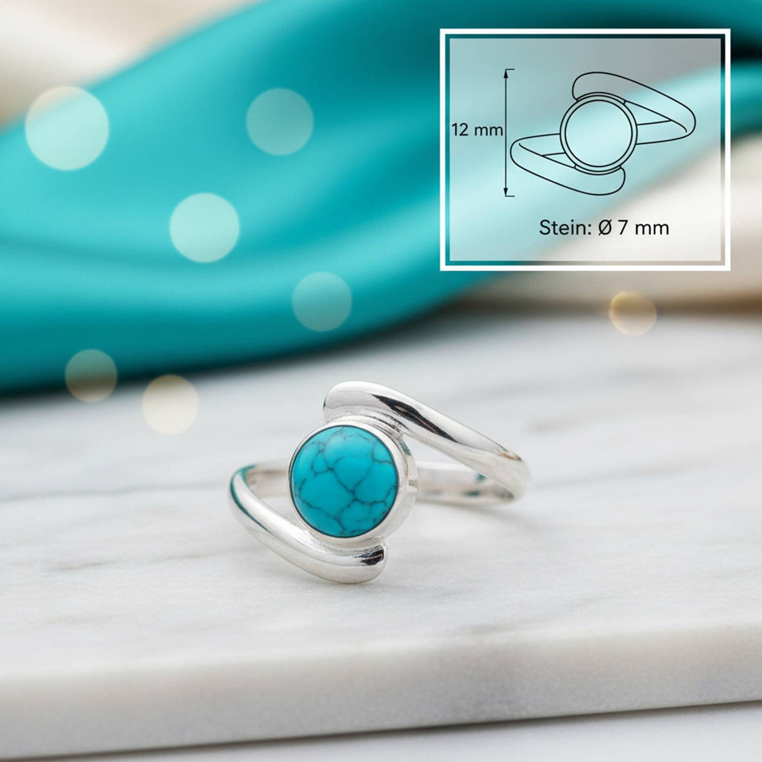 mantraroma Silberring SAMAYA aus 925 Silber mit Türkis (Ring mit Schmuckbeutel), Damenring aus 925er Silber