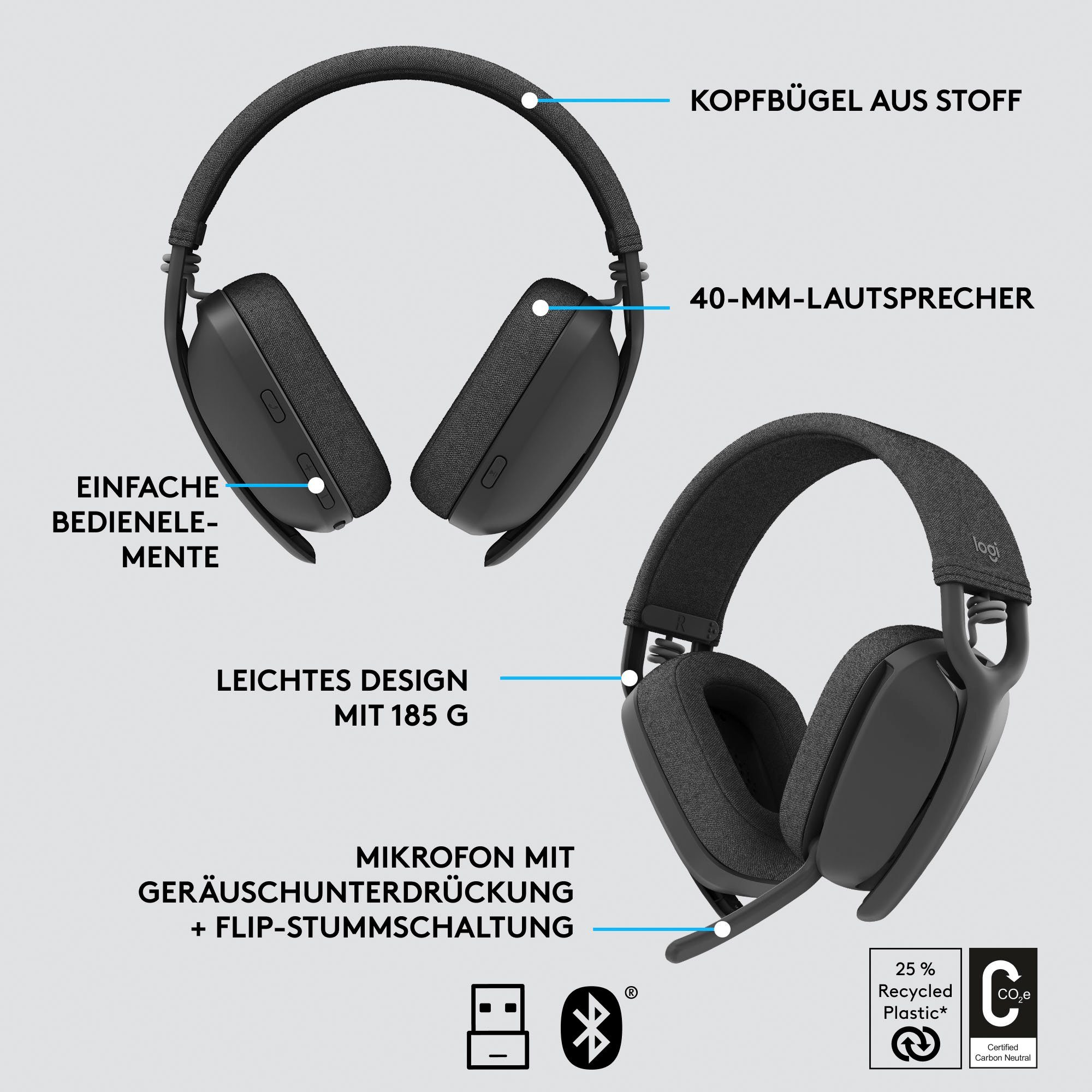 Logitech Zone Vibe 125 Bluetooth) Gaming-Headset (ANC), Cancelling (Active Freisprechfunktion, Noise