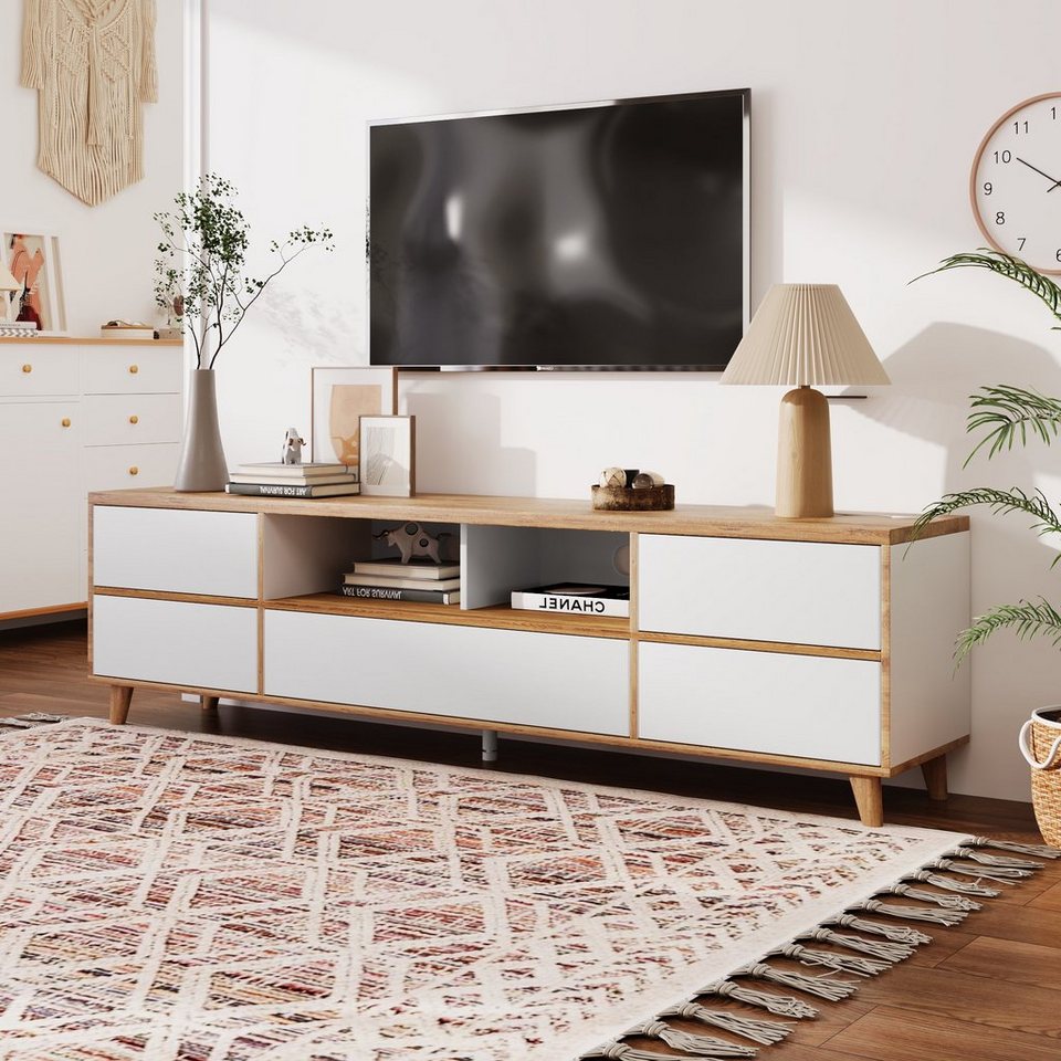 REDOM TV-Schrank Lowboard (Wohnzimmermöbel in Weiß und Holzfarben) Fächern  und Türen im natürlichen