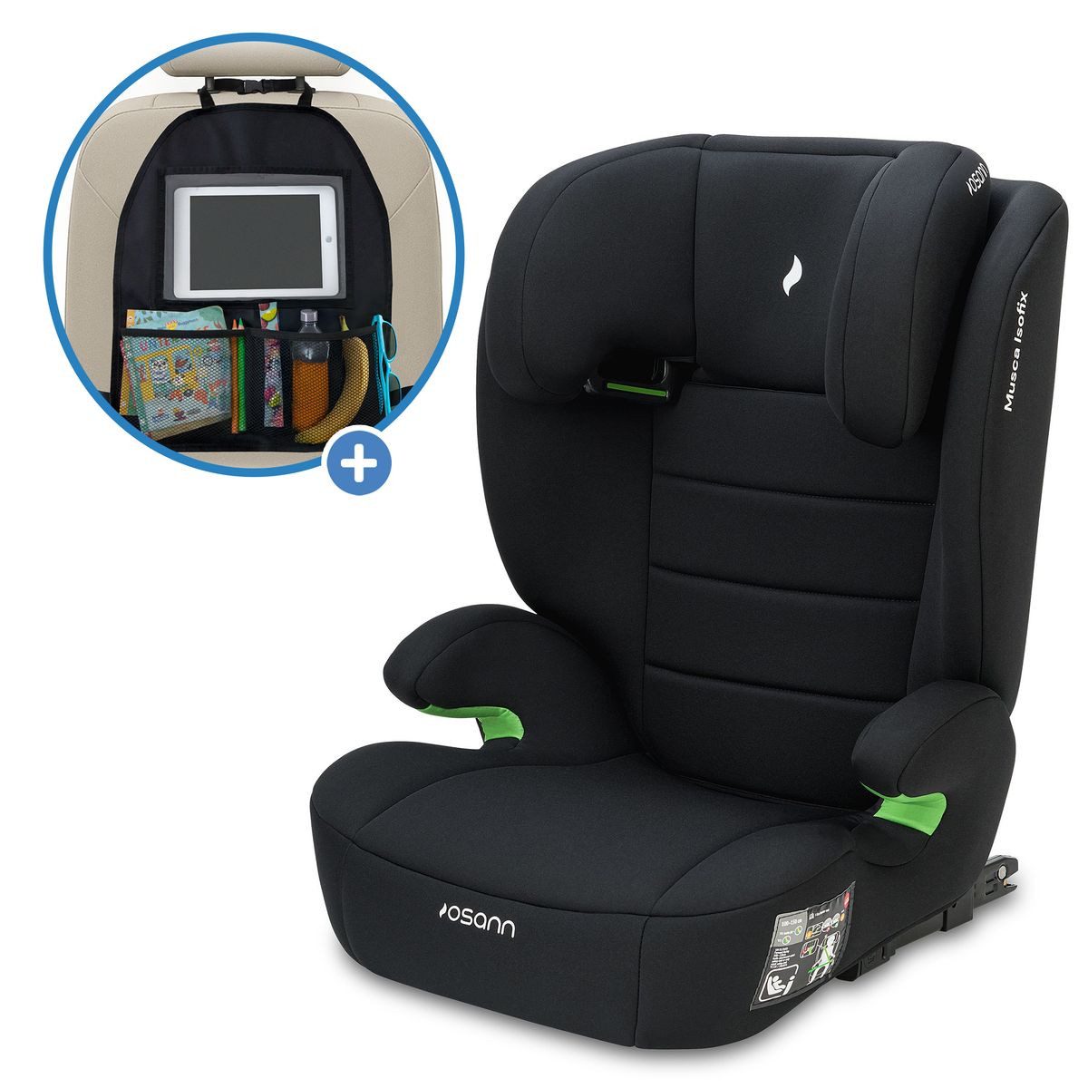 Osann Autokindersitz Musca Isofix i-Size - Black, ab: 3 Jahren, bis: 12 Jahren, Kinder Autositz ab 3 Jahre - 12 Jahre mit Isofix inkl. Auto-Organizer