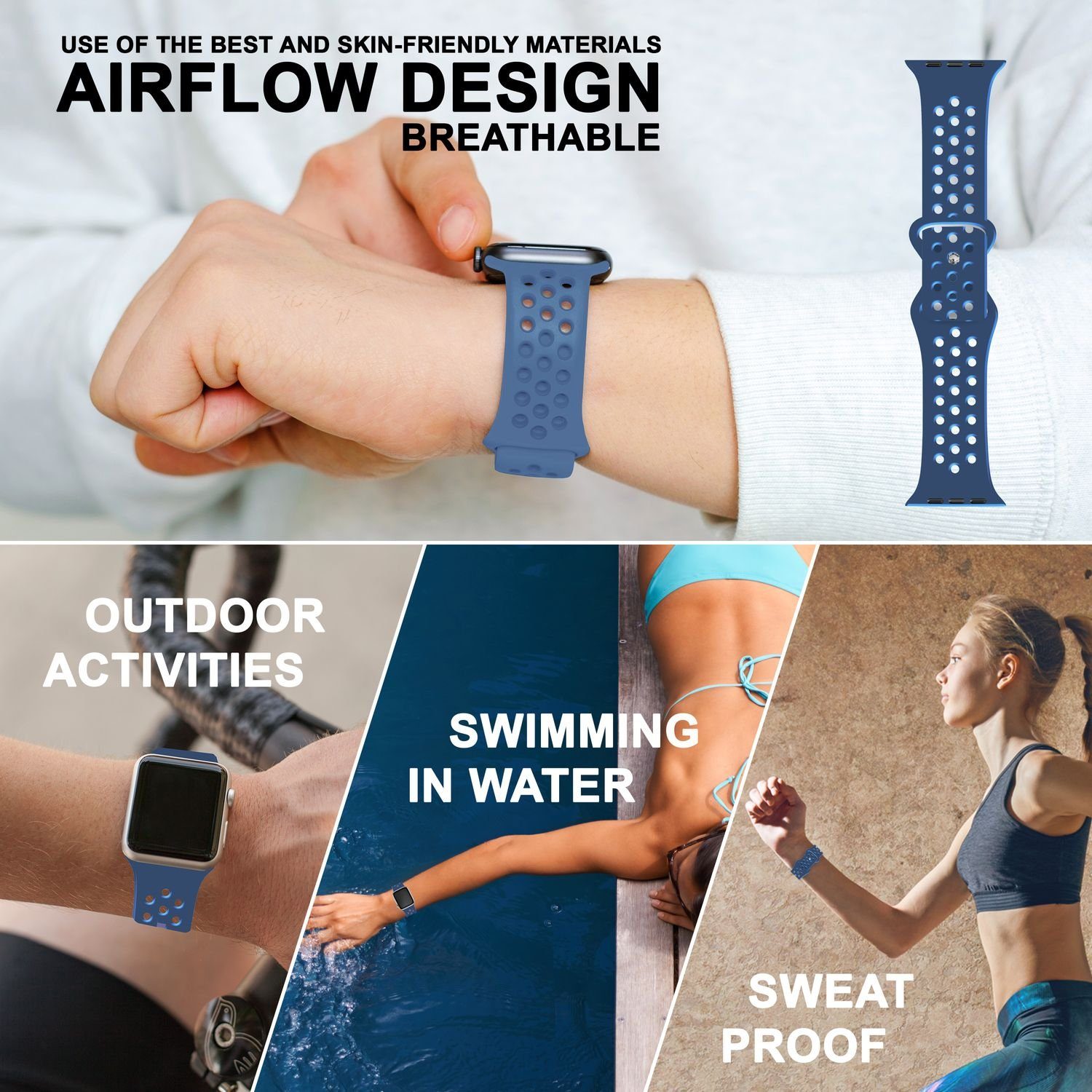 Nalia Smartwatch-Armband Apple Uhr Silikon Watch Gelochtes für Atmungsaktiv Fitness Blau Ersatzband 38mm/40mm/41mm, / Sport 