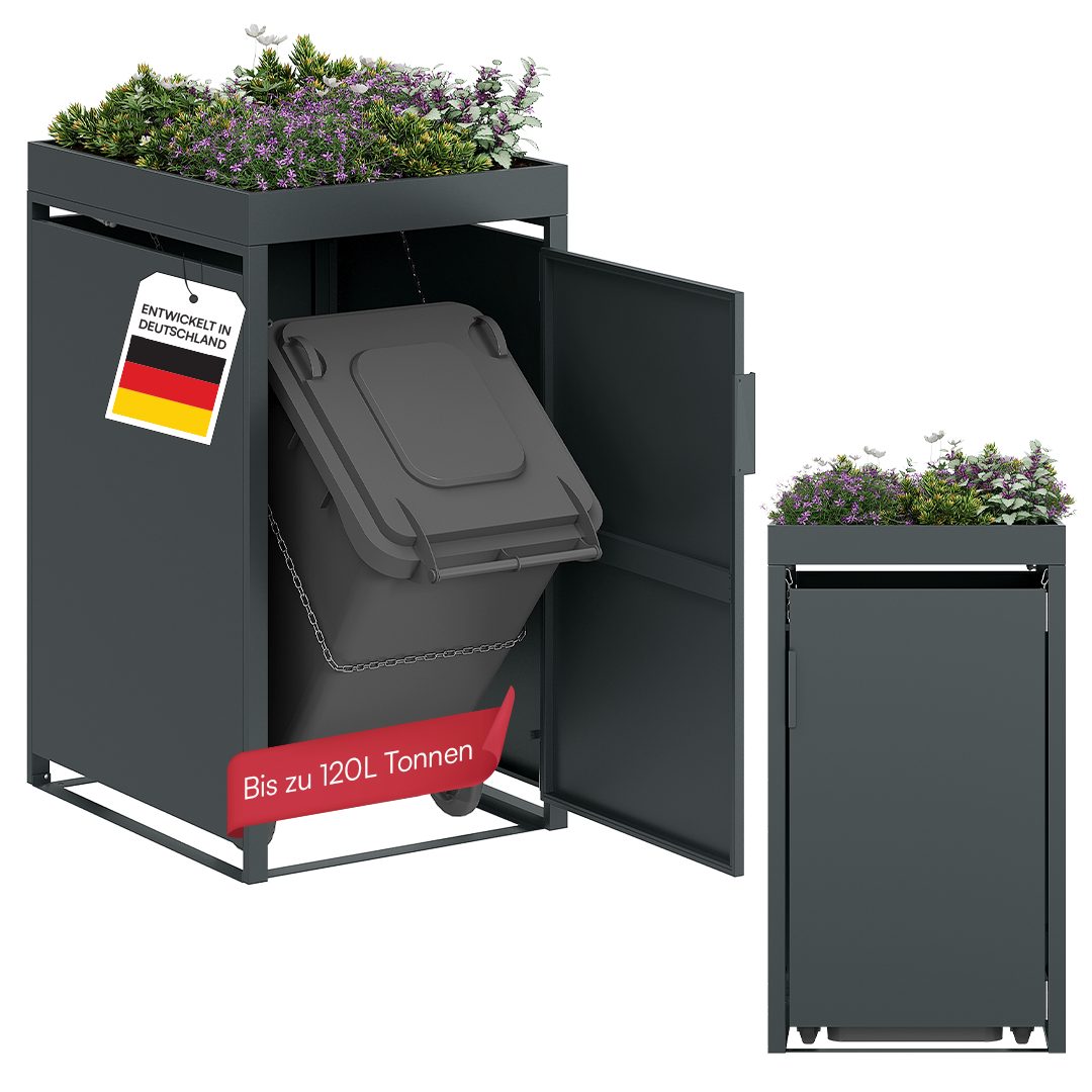 STEELSØN Mülltonnenbox Thoria mit Pflanzendach (Anthrazit, 120 L, verfügbar mit 1, 2, 3, 4, oder 5 Türen), Mülltonnenverkleidung aus Stahl für 1 Tonne