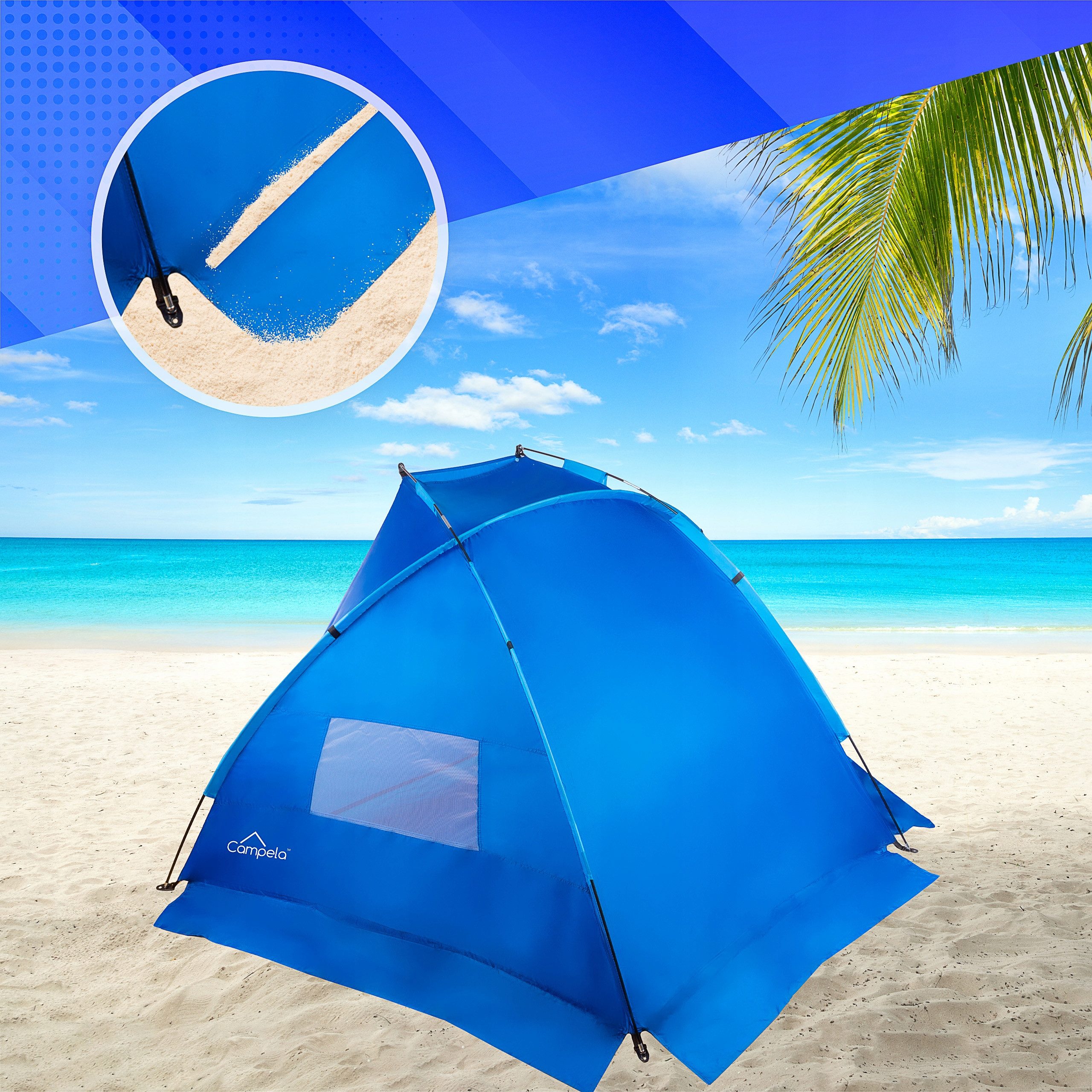 Campela Strandmuschel Strandzelt 2in1 Windschutz – UV-Schutz UPF50+ – leicht & stabil