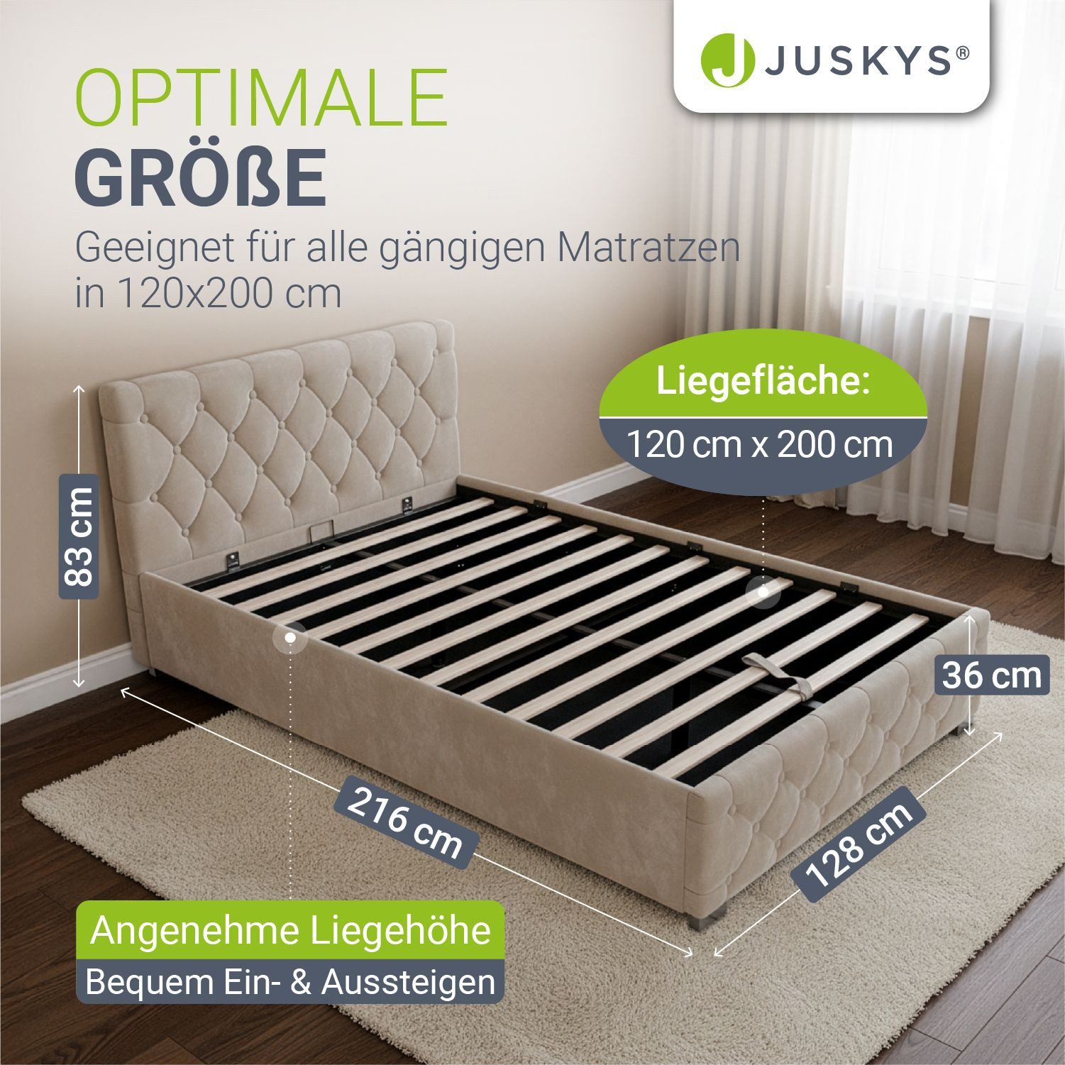 Juskys Polsterbett Nizza, 120x200 cm, LED Licht, Stauraum, Samtbezug, inkl. Matratze