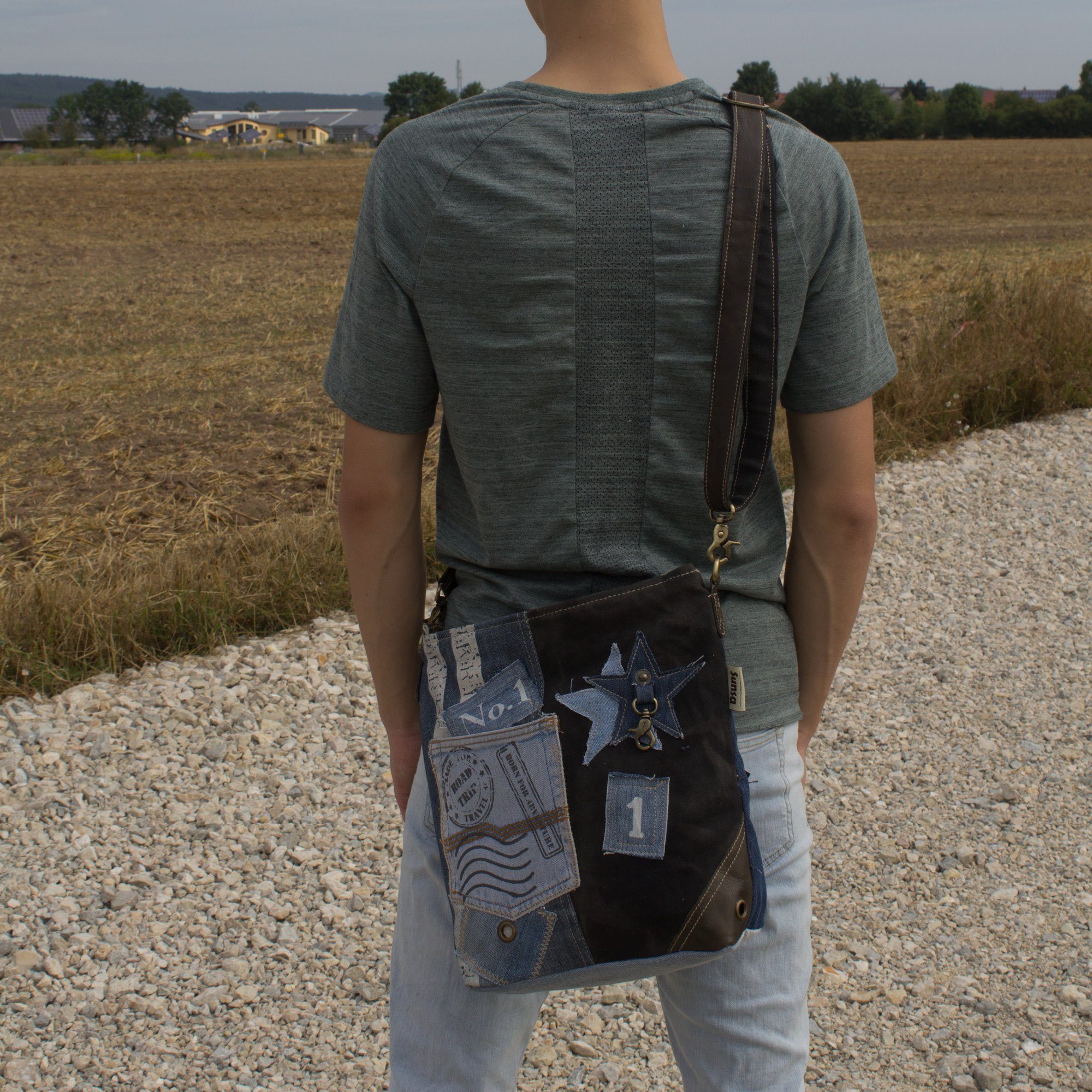 Jeans Aus und recycelten Crossbody recycelte Materialien Umhängetasche für Canvas. ihn, aus Sunsa Sie/ Umhängetasche bag schwarze