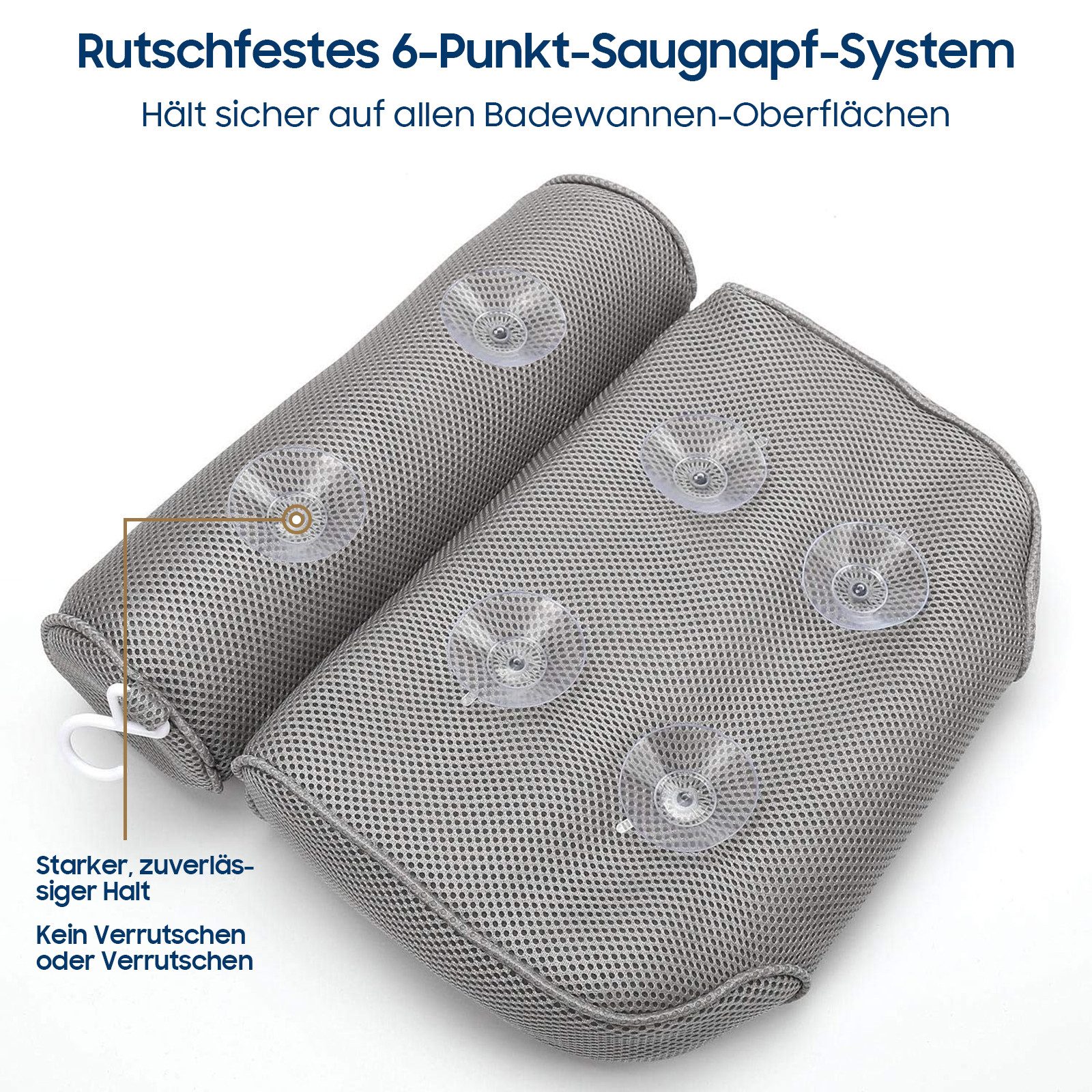 SURFOU Badewannenkissen Ergonomisches Muskelentspannendes Premium Badekissen, Badewannenkissen mit 6 Saugnäpfen für Badewanne und Home Spa Grau