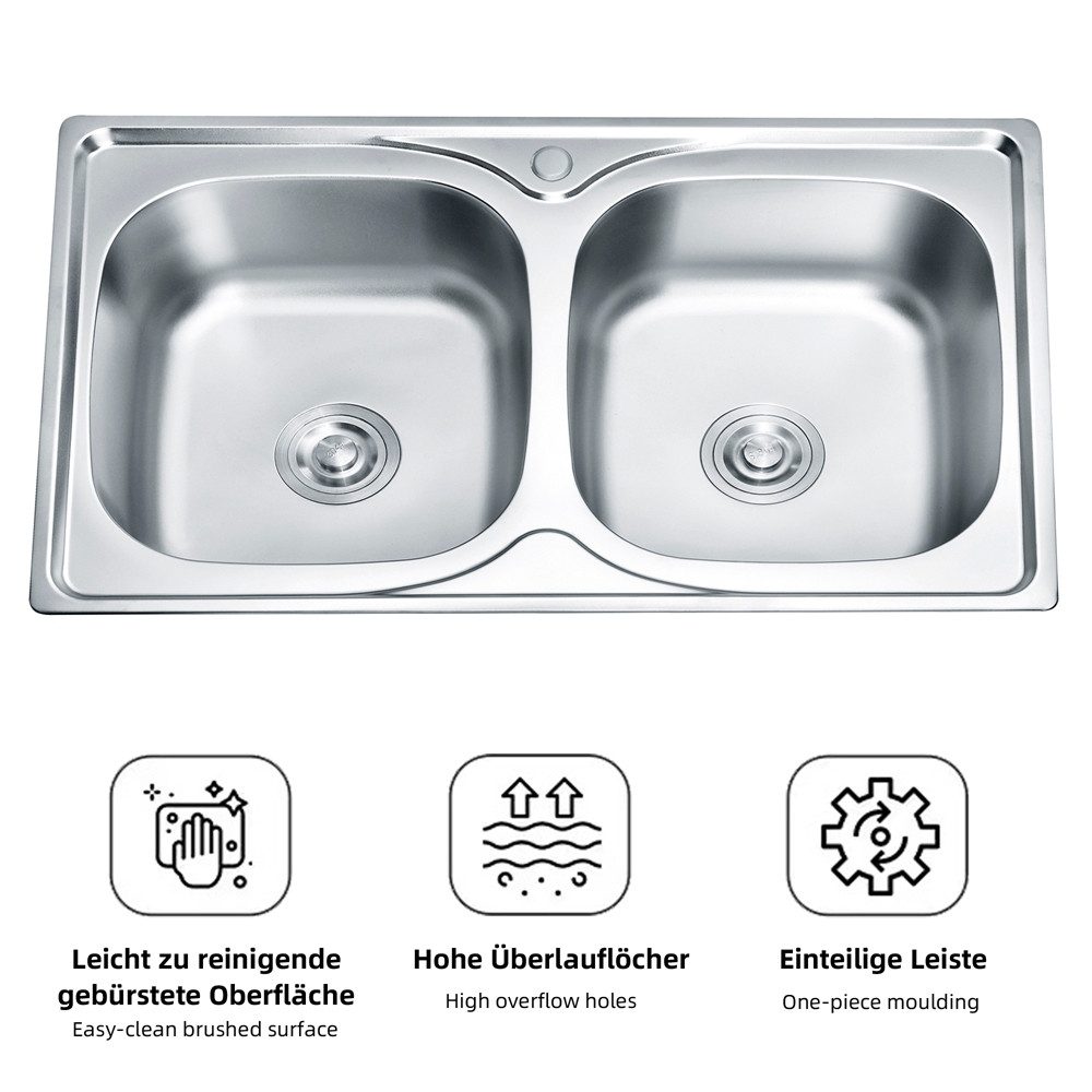 Mucola Built-in Sink, Double Basin, Stainless Steel Sink, 2 Basins + Accessories, Rectangular, 80/50 cm, 2 Basins, (Piece), Stainless Steel