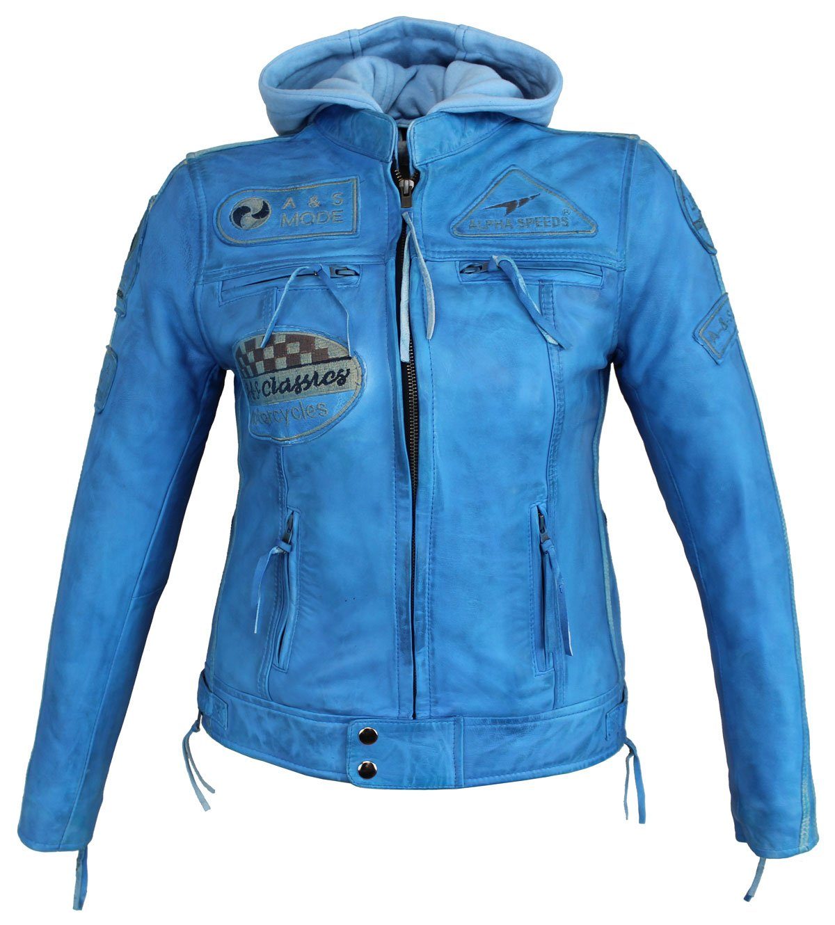 Alpha Speeds Motorradjacke Highway einem Kapuze) Protektoren (mit Lederjacke aus einem Jacke weichem Freizeit Damen Biker inklusive Blau trennbaren Lammleder