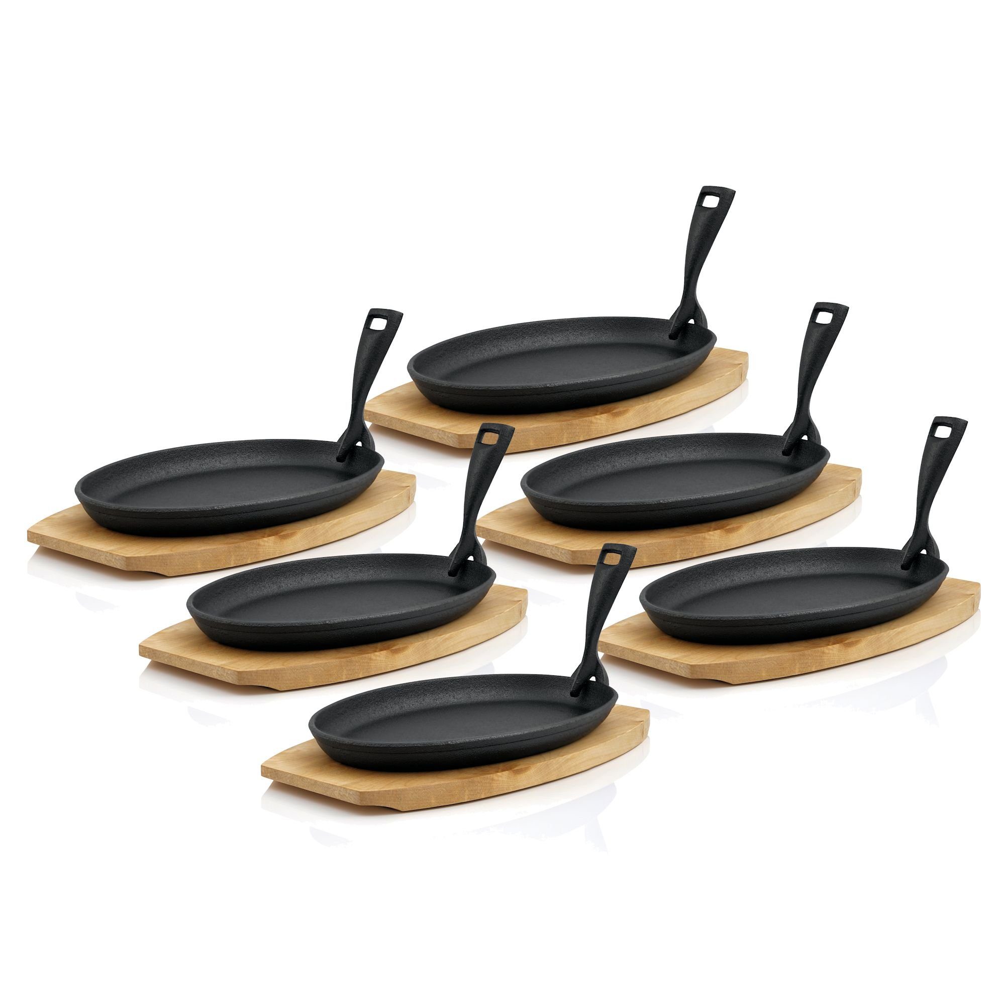 BBQ-Toro Servierpfanne Gusseisen Servierpfännchen mit Holzbrett (6x), 27 x 18 cm - oval, Gusseisen (Set), Gusseisen Servierpfännchen-Set mit Holzbrett