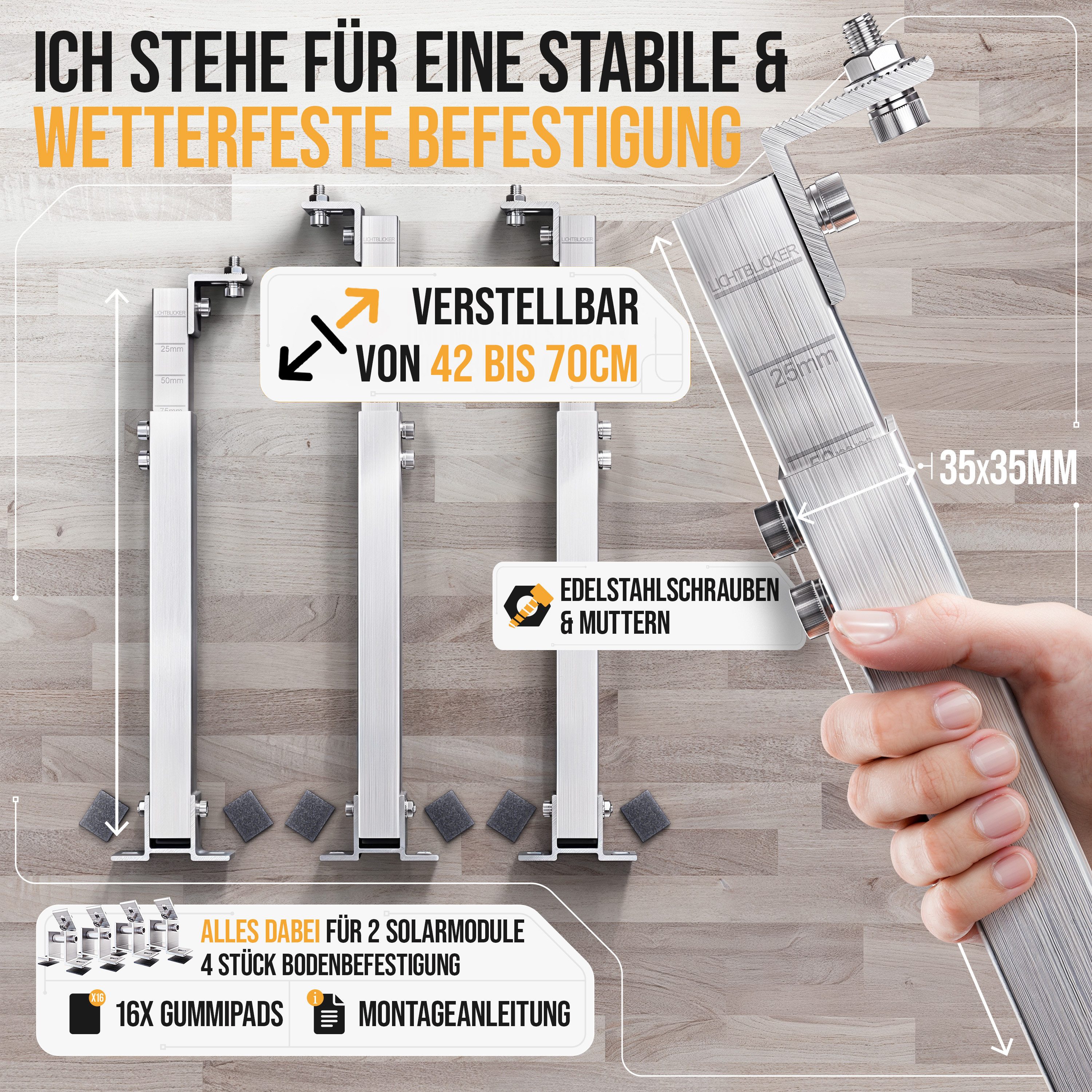 Lichtblicker Solarmodul-Halterung Balkonkraftwerk Halterung für 2x Solarmodule. Wand, Balkon, Flachdach, (verstellbar von 42 bis 70 cm; geeignet für Balkon, Wand, Flachdach, witterungsbeständiges Aluminium, hochwertige Edelstahlschrauben)