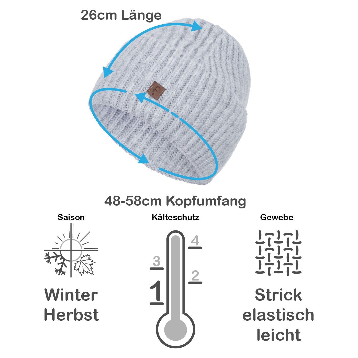 Mütze Damen Strickmütze Faera Grobstrick (1-St) Wintermütze Aufschlag hellgrau Beanie Winter breiter