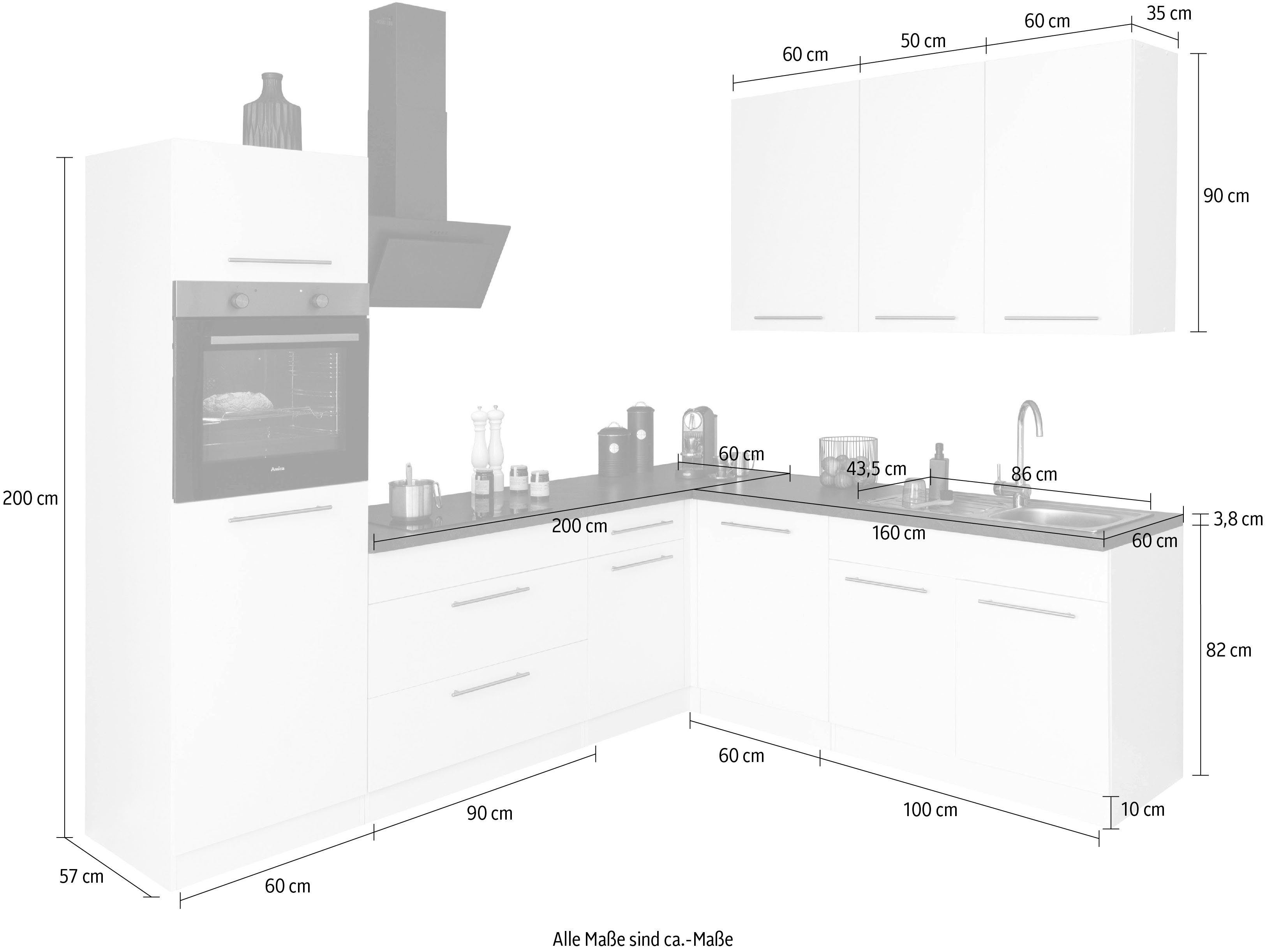 | schwarz wiho Küchen 220 Unna, mit Weiß/Granit E-Geräten, cm Winkelküche weiß 260 x Stellbreite