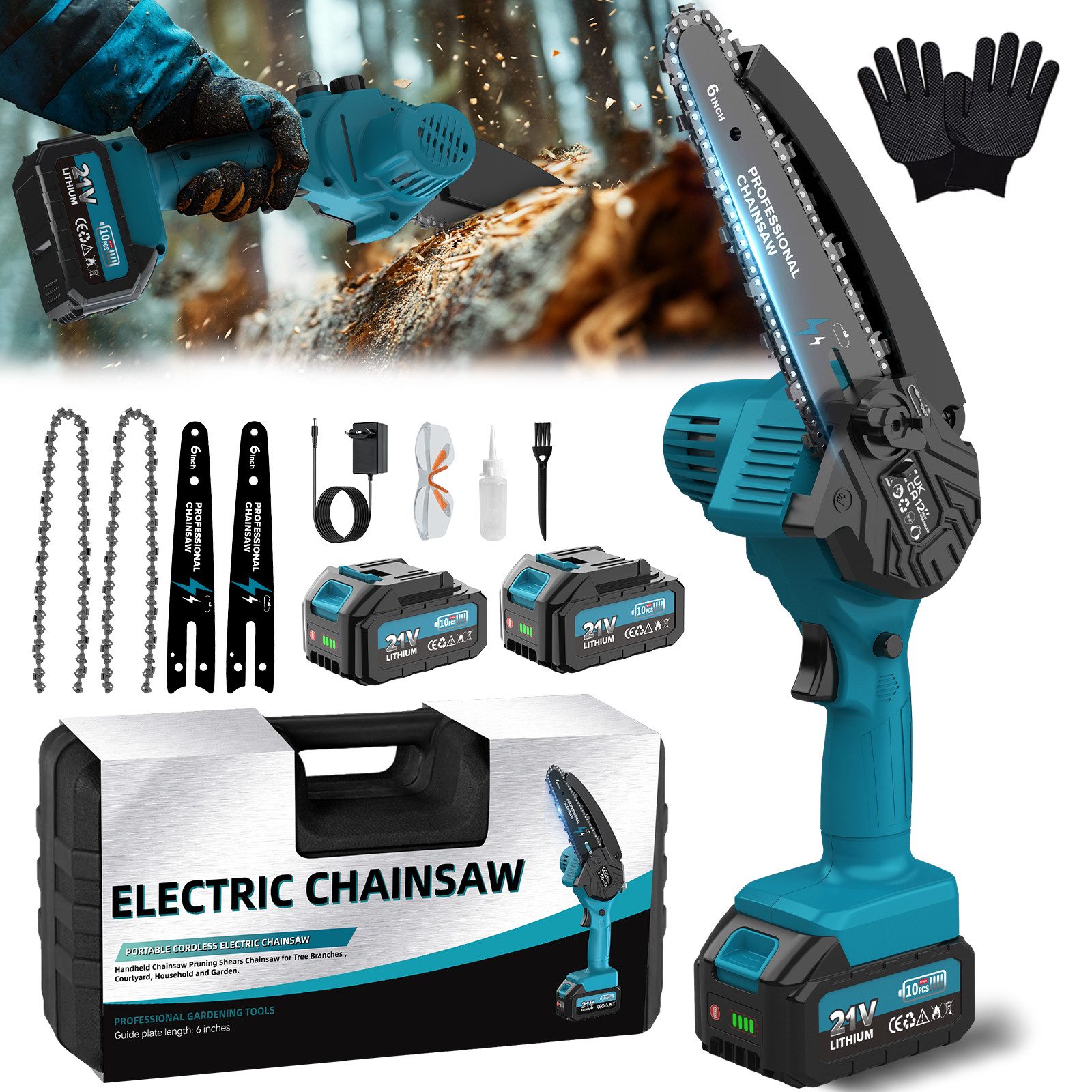 Rinoxar Akku-Kettensäge 6''/8''/12'' Elektro-Kettensäge, 1300W Bürstenloser Handkettensäge, 2*4000mAh Akku, Bürstenlosem Motor, für Gartenarbeit, Holzschneidenz