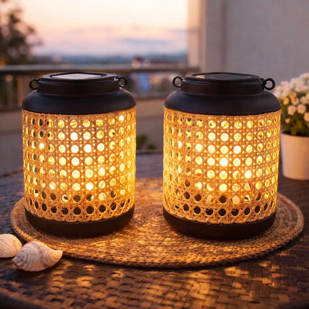 GLOBO LIGHTING LED Solarleuchte, LED-Leuchtmittel fest verbaut, Warmweiß, Solarlampe Laterne Außenleuchte Hängelampe Bambus LED H 30 cm 2x