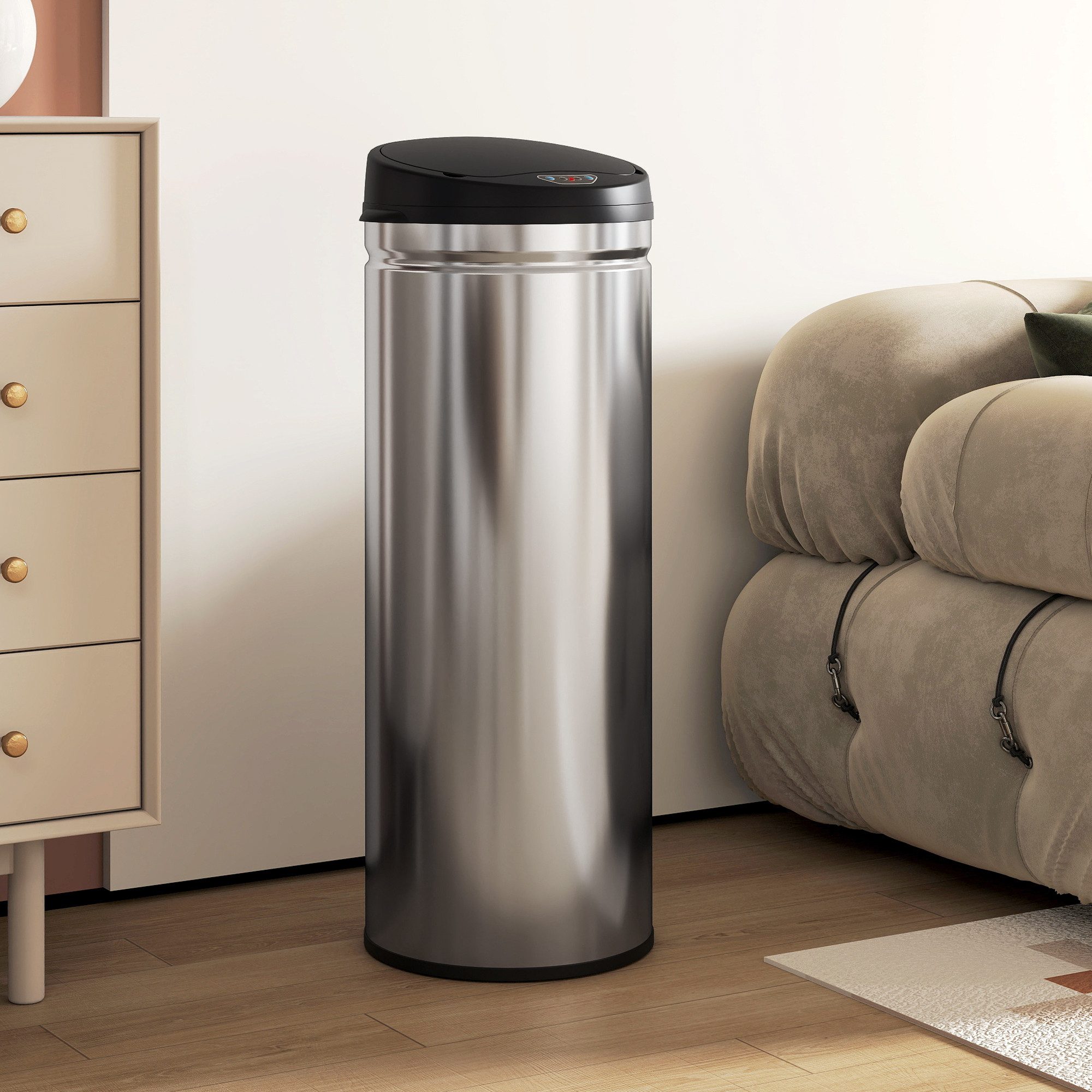 HOMCOM Mülleimer 50 Liter Sensor-Mülleimer mit Soft-Close-Funktion, aus Edelstahl für hygienische Küchen, Büros, Silberfarben