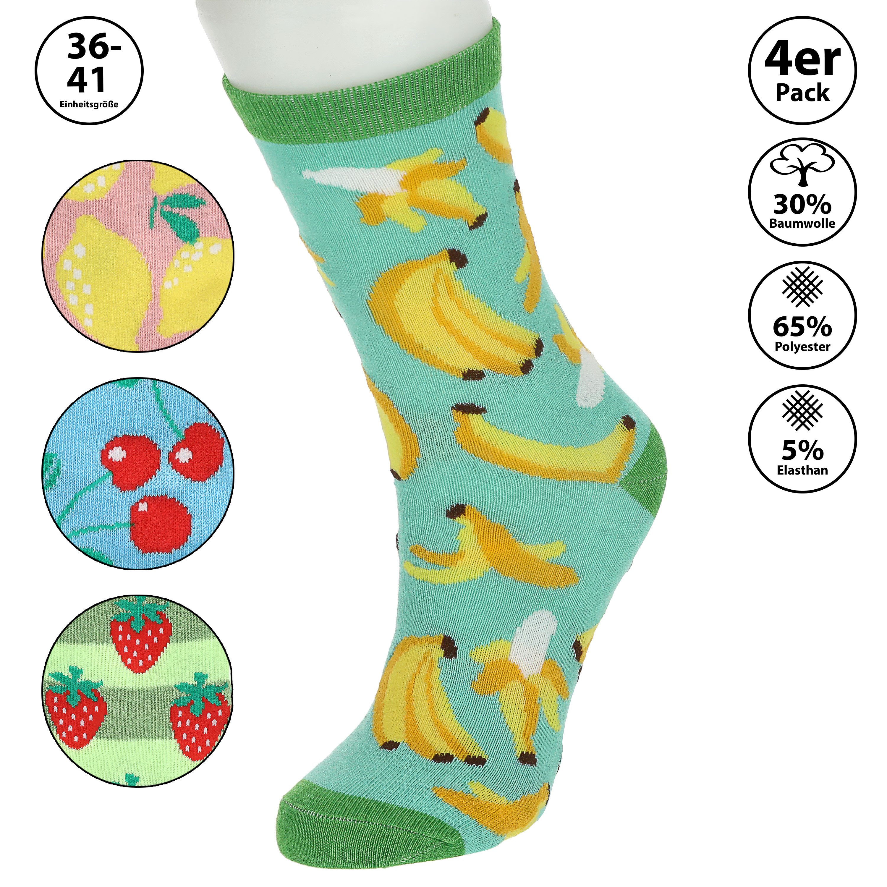 CEPEWA Socken Damensocken Fruits 4er Pack 36-41 bunt Polyester Baumwolle Elasthan