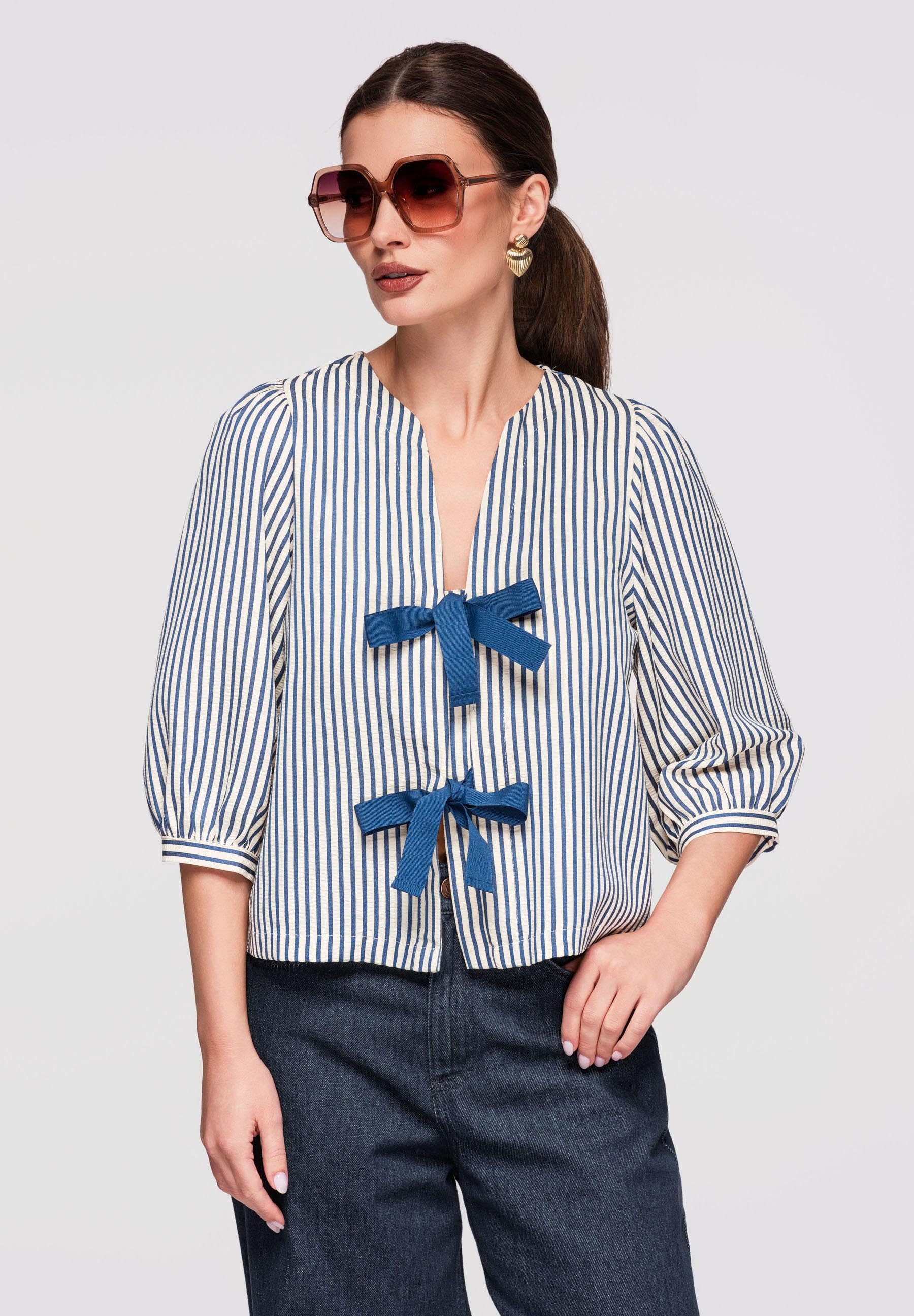 OMBRE Langarmbluse Damen Bluse Kurzarm Baumwolle V-Ausschnitt White/navy M/L (kein Set, 1-tlg) Kurze Bluse mit Bindedetail