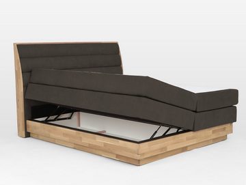 Moebel-Eins Boxspringbett, MAILO Boxspringbett mit Bettkasten, Material Massivholz Eiche/ Bezug Stoff in 2 Farben