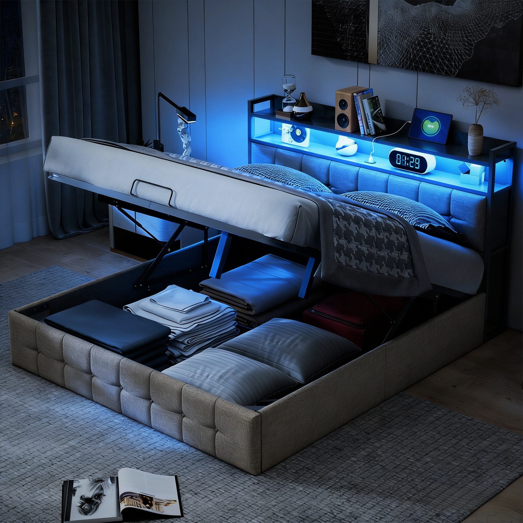 Furnishings Home Polsterbett Stauraumbett Doppelbett LED (Ausgestattet mit günstig online kaufen