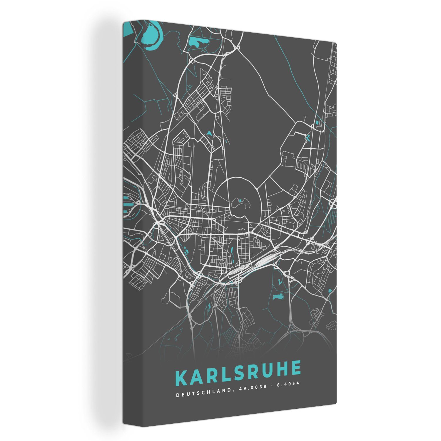 Karlsruhe Blau St), Leinwandbild cm Deutschland (1 Zackenaufhänger, OneMillionCanvasses® Stadtplan Karte, - 20x30 Gemälde, - Leinwandbild bespannt - - fertig inkl.