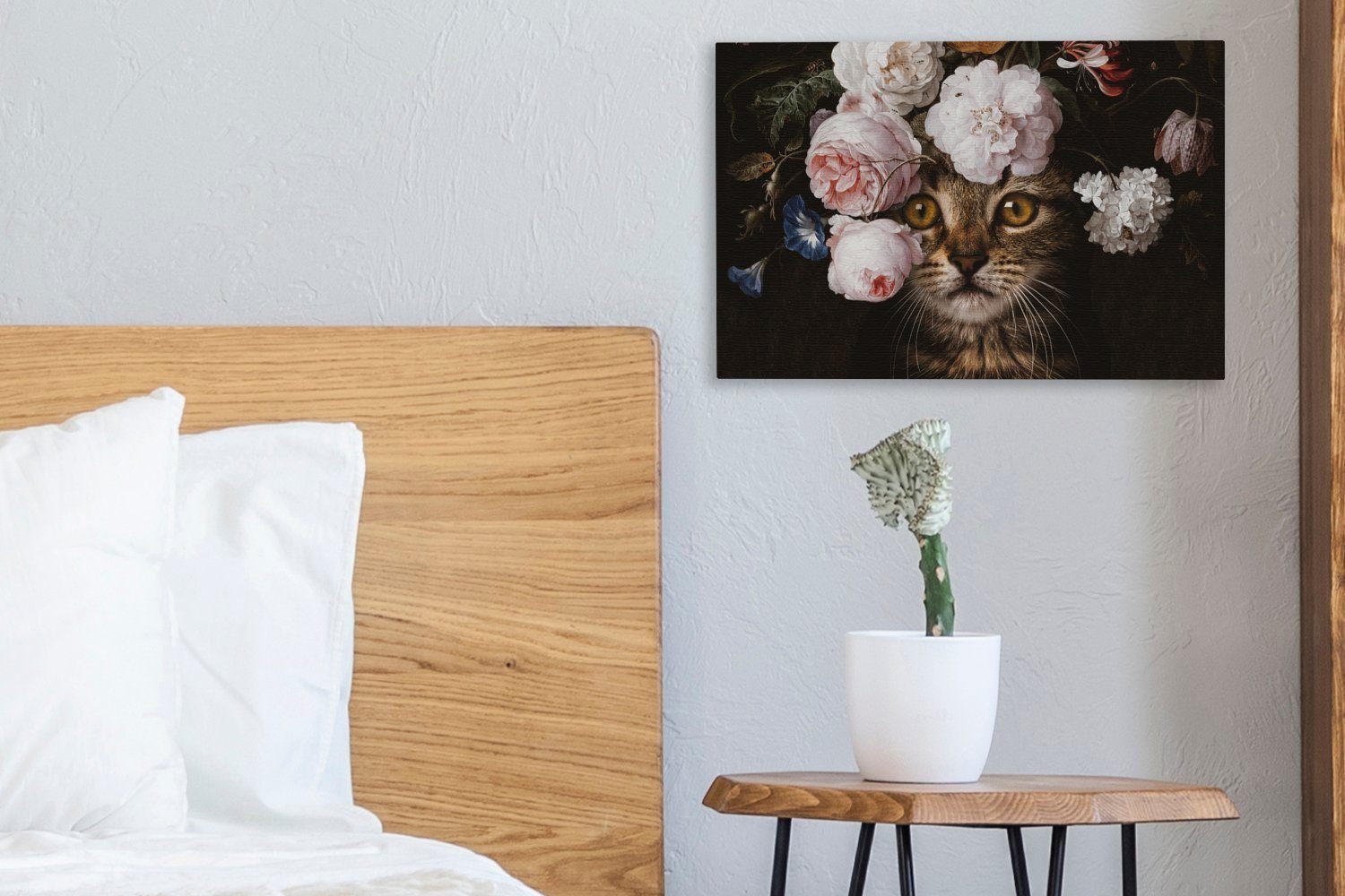 Aufhängefertig, 30x20 Kunst, Katze (1 Leinwandbilder, cm Wandbild OneMillionCanvasses® - St), Wanddeko, - Blumen Gemälde