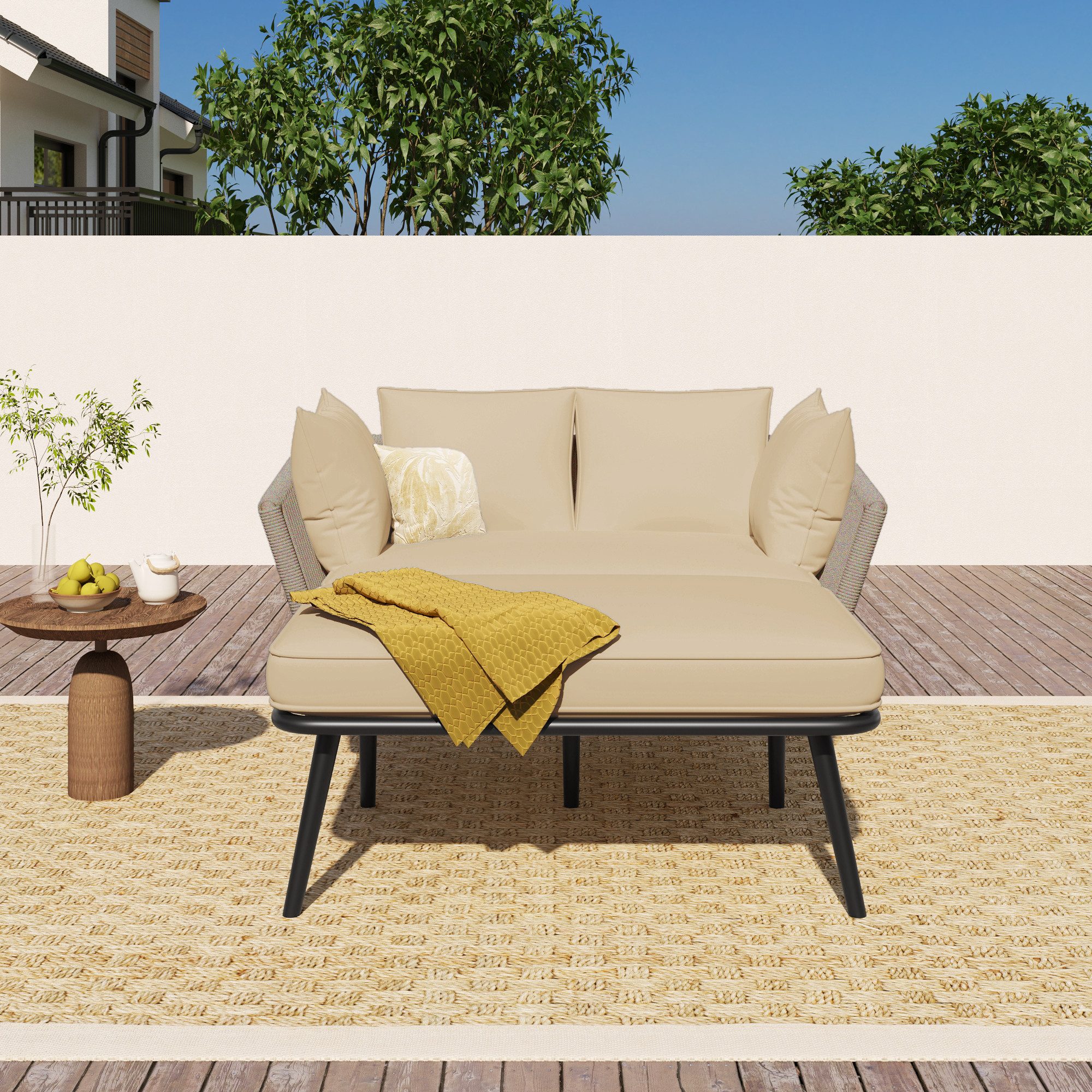 Celya Gartenlounge-Set Gartenlounges, Gartenmöbel Set 2 Personen, Loungemöbel, (Terrassenmöbel,Kissen sind abnehmbar und waschbar, Gartenlounge, Balkonmöbel-Set), Gartensofa mit 2 Kissen und 2 Polster,Sonnenliege im Außenbereich