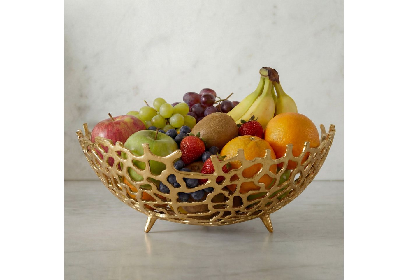 FINEBUY Obstschale FB77651 Früchtekorb Aluminium Gold 46cm Dekoschale Obstkorb Metall, Aluminium, (Schöne Früchteschale in schicker Korallenoptik), Drei kleine Standbeine für sicheren Halt