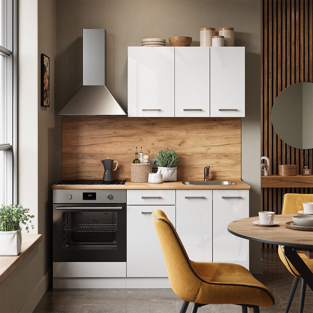 Vicco Küchenzeile R-Line, Weiß Hochglanz/Weiß/Weiß, 160 cm mit Herdumbauschrank oh...