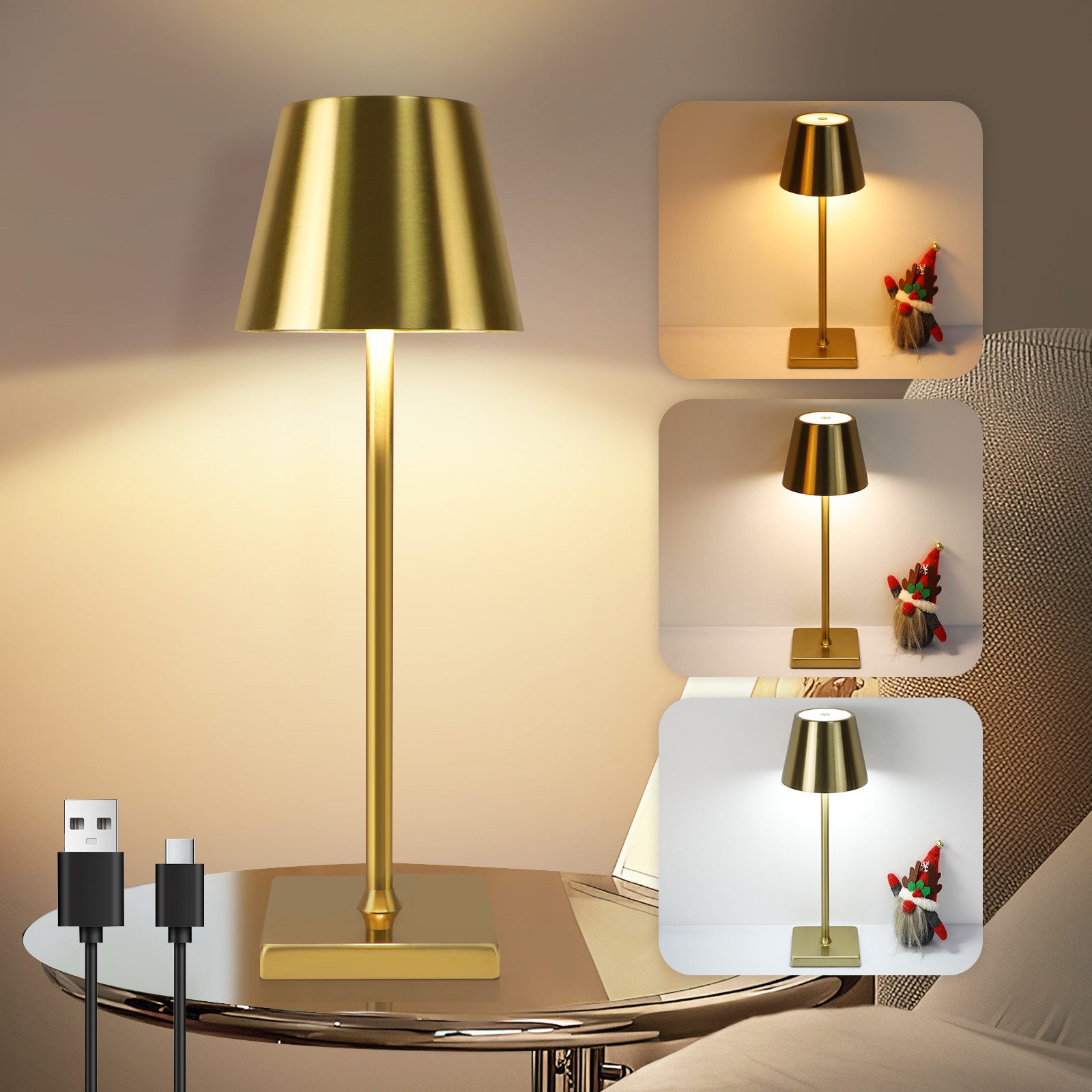 LED Tischleuchte Vintage Gold Kabellos Touch Dimmbar Nachttischlampe 3 Farbtemperatur