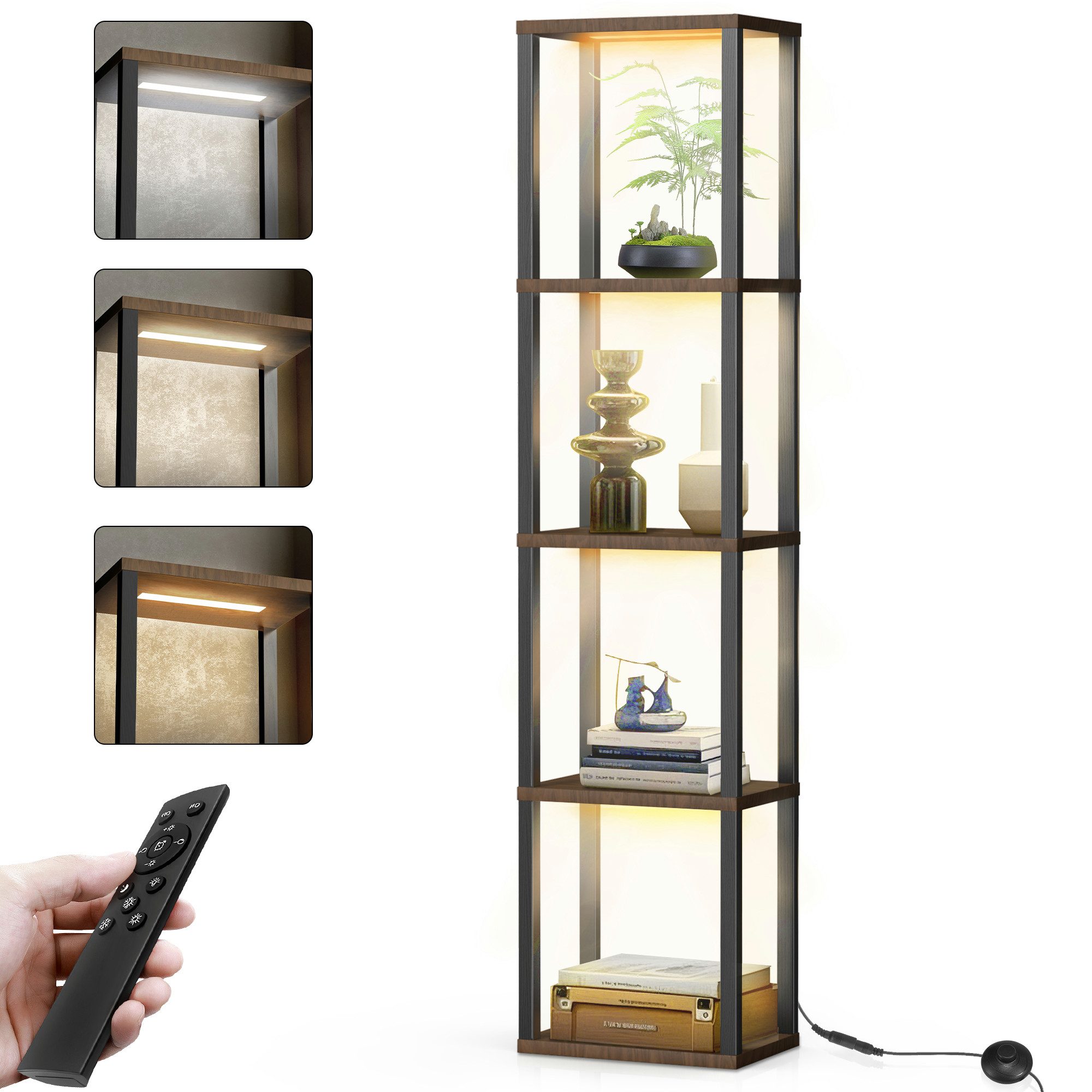 XIIW Stauraumvitrine 5 Etagen LED Standvitrine Standregal Bücherregal Vitrine 38×27×164 cm (Vitrinenschrank mit MDF-Regalen, Fußschalter und Fernbedienung) für  – Bild 4 von 5