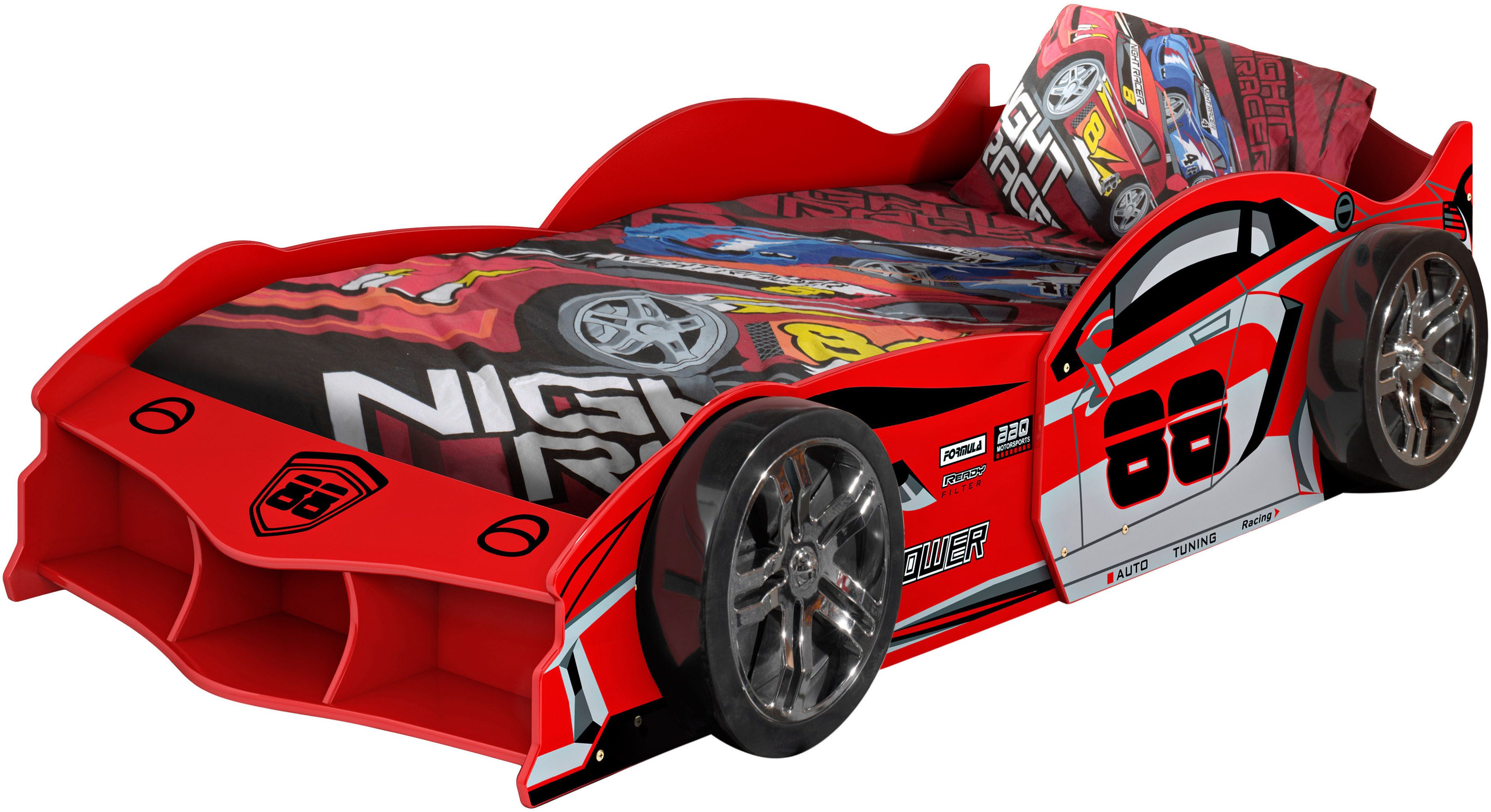 Vipack Autobett Max 90/200 cm, im Rennwagen-Design, die Show im Kinderzimmer (B/H/T ca.: 229x58x114 cm mit Lattenrost und breiten Rädern), tolle Felgen-Optik, glänzend lackiert in 2 Farben erhältlich